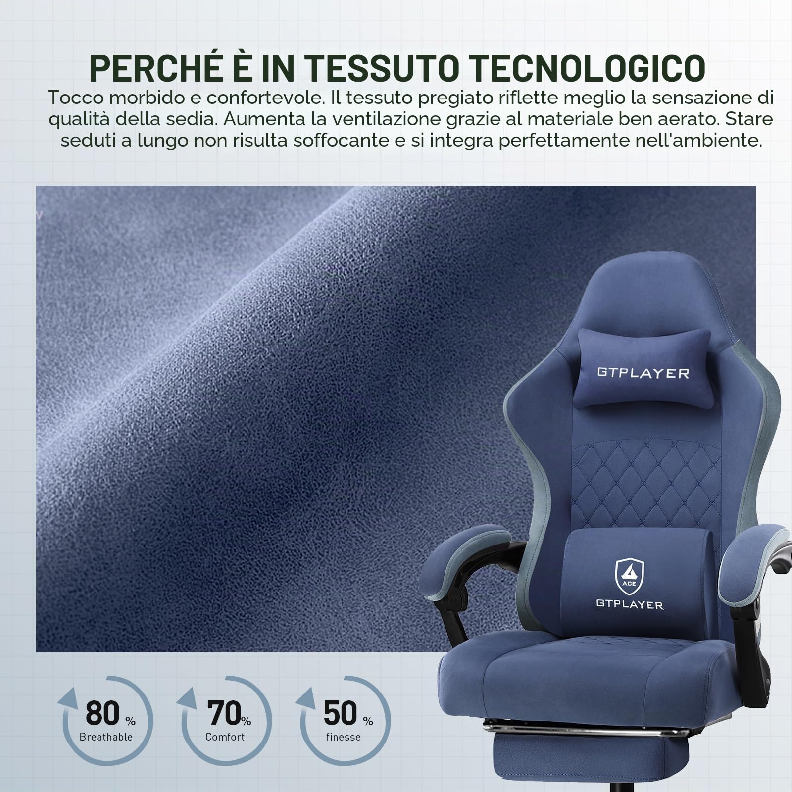 GTPLAYER sedia gaming ergonomica sedia da gaming tessuto traspirante schienale alto con cuscino imbottito a molle, poggiatesta e supporto lombare per giochi di studio e lavoro blu navy
