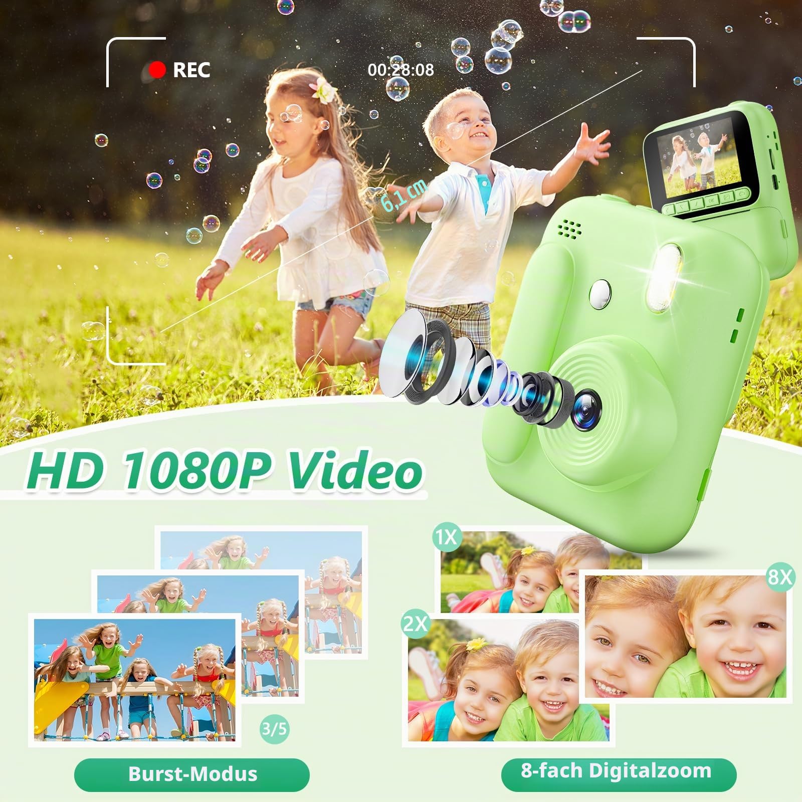 Sofortbildkamera für Kinder,1080P Kinderkamera mit 5 Rollen Druckpapier,32GB-Karte und Farbstiften,Tragbare Digitalkamera für Jungen und Mädchen,Geschenke für Kinder im Alter 3–14 Jahren (Grün)
