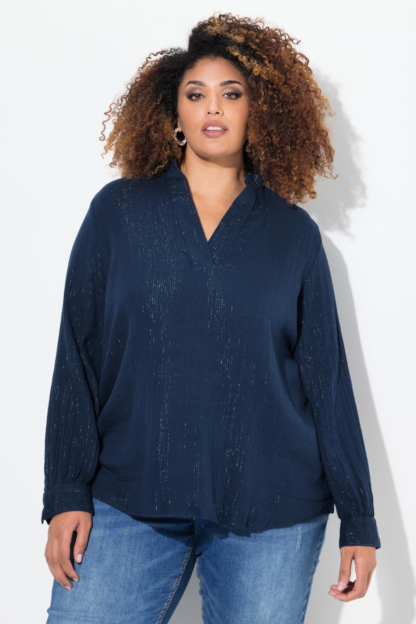 Ulla Popken Bluse, Metallic-Streifen, A-Linie, V-Ausschnitt, Langarm Camicia da Donna Donna