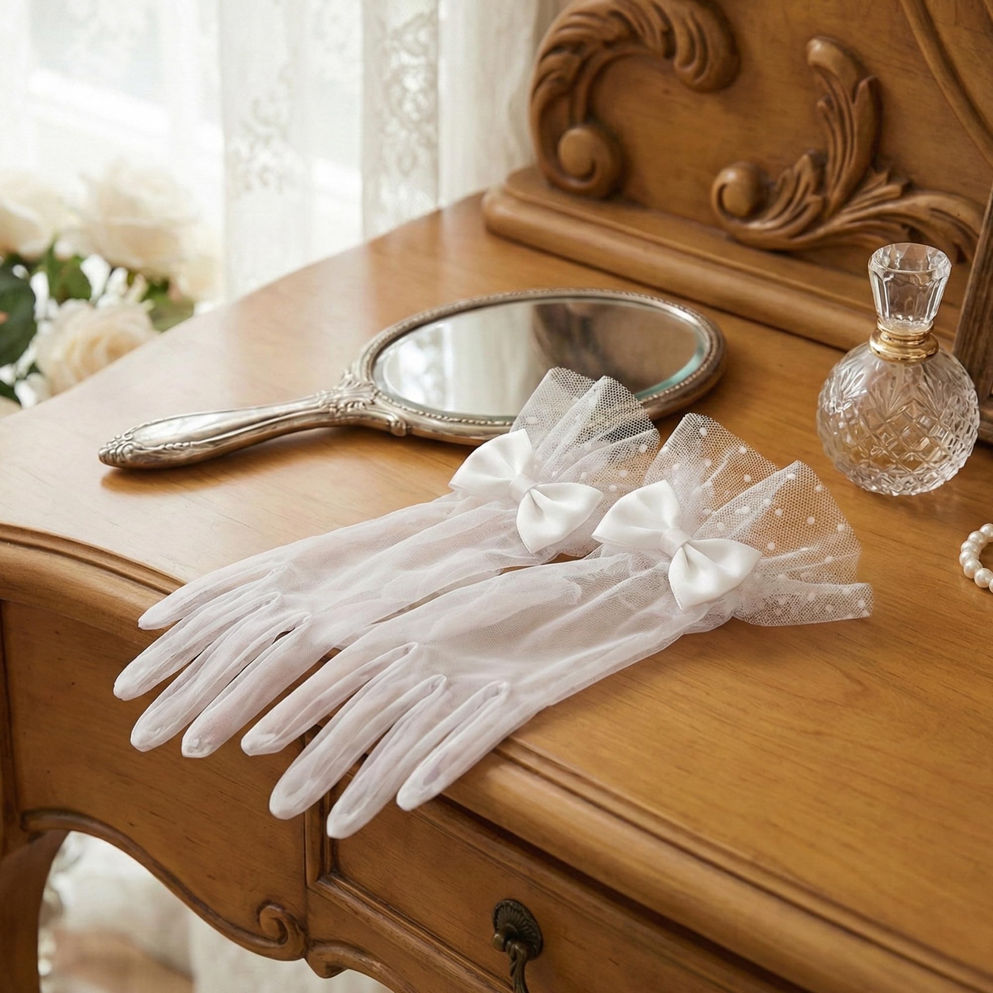 OMID Elegant White Lace Bowknot Finger Gloves for Women 1