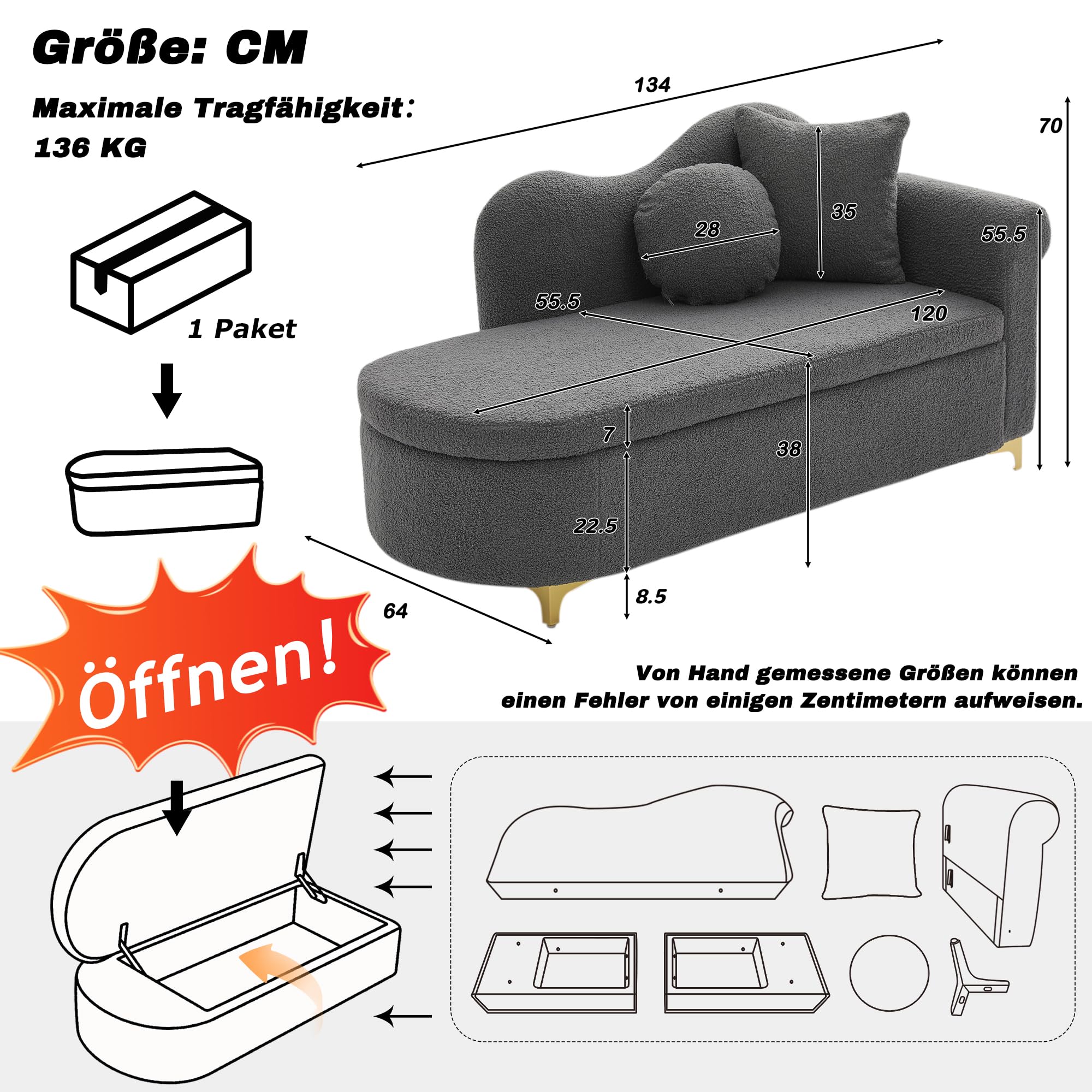 Merax Chaiselongue mit Stauraum, 134 cm Liege mit wellenförmiger Rückenlehne & Boucle-Stoff, hochdichter Schaumstoff, inkl. Lenden- & Nackenkissen, Retro-Look mit Massivholzrahmen, Grau