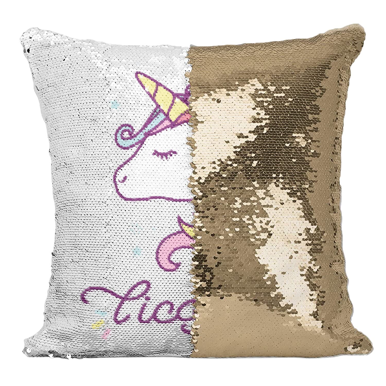 Coussin sequin paillettes doré avec motif licorne mignonne pour déco