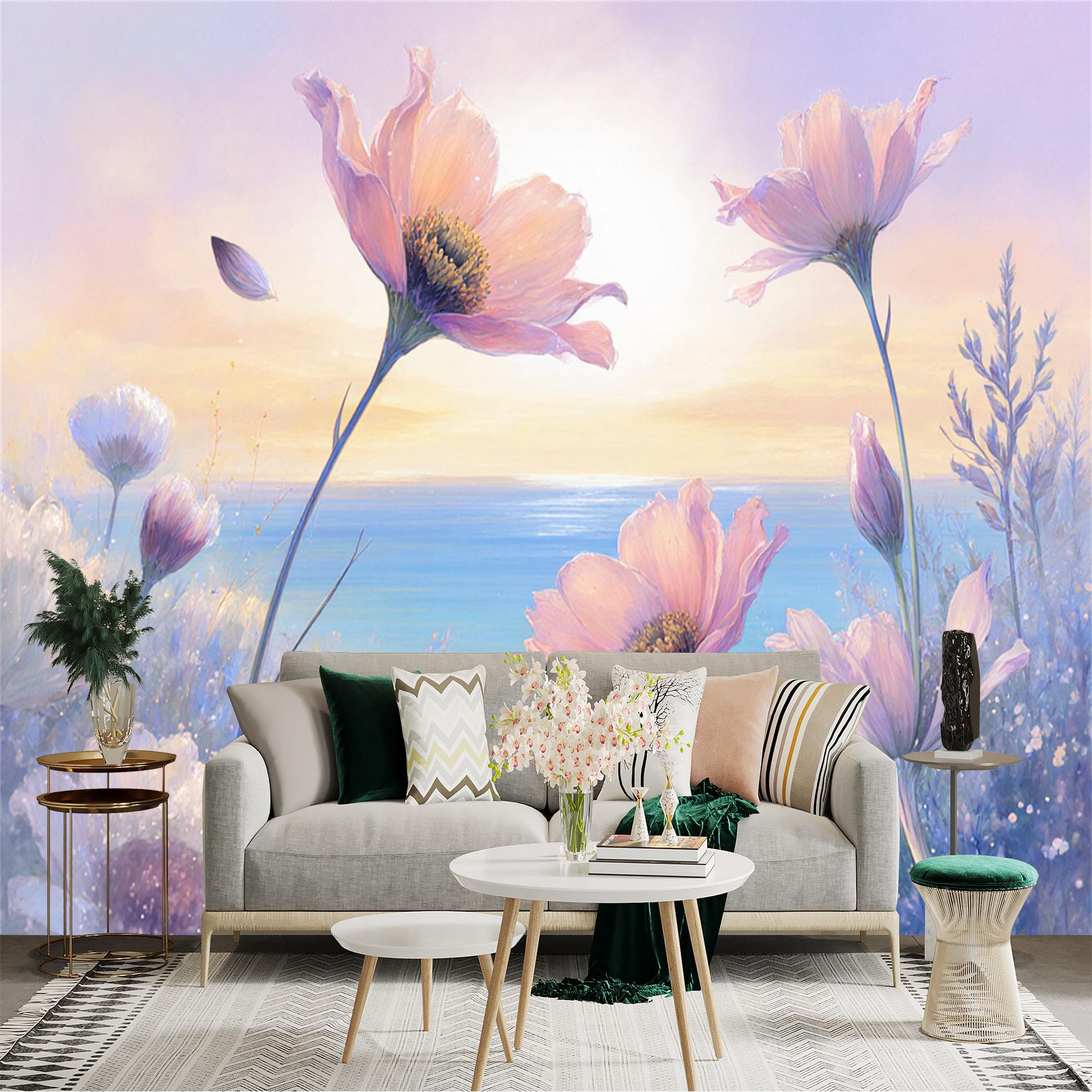 Custom Size Wall Sticker Mural， Pastel Flowers by Sea， Romantic Sunset and Blooming Field， for wall Decoration， peelandstick wall Decals.
