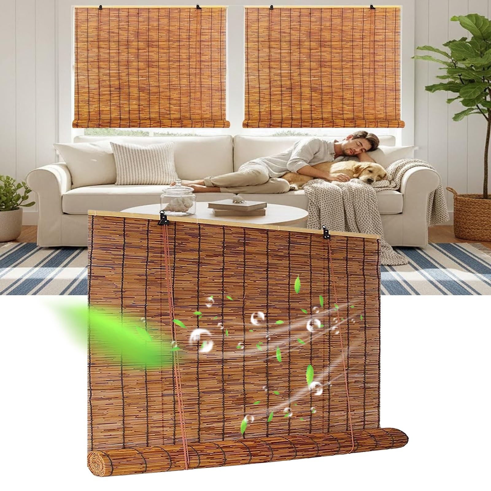 CMJYMX Bamboo Roll Up Blinds 24" 36" 48" 60" 72" Wide Natural Blackout Bamboo Roller Blinds With Lift For Porch Pergola Balcony, Breathable Privacy Screen(120x190CM/47x74IN(WxH))