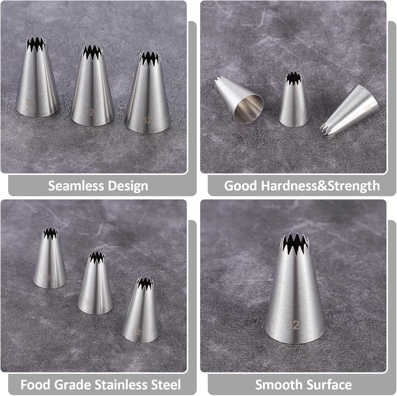 3 Pieces #32 Cake Piping Tip Open Star Icing Tip Seamless Icing Tips Stainless Steel Cupcake Piping Tips for Frosting Macarons Dessert Cake Decorations, Sliver