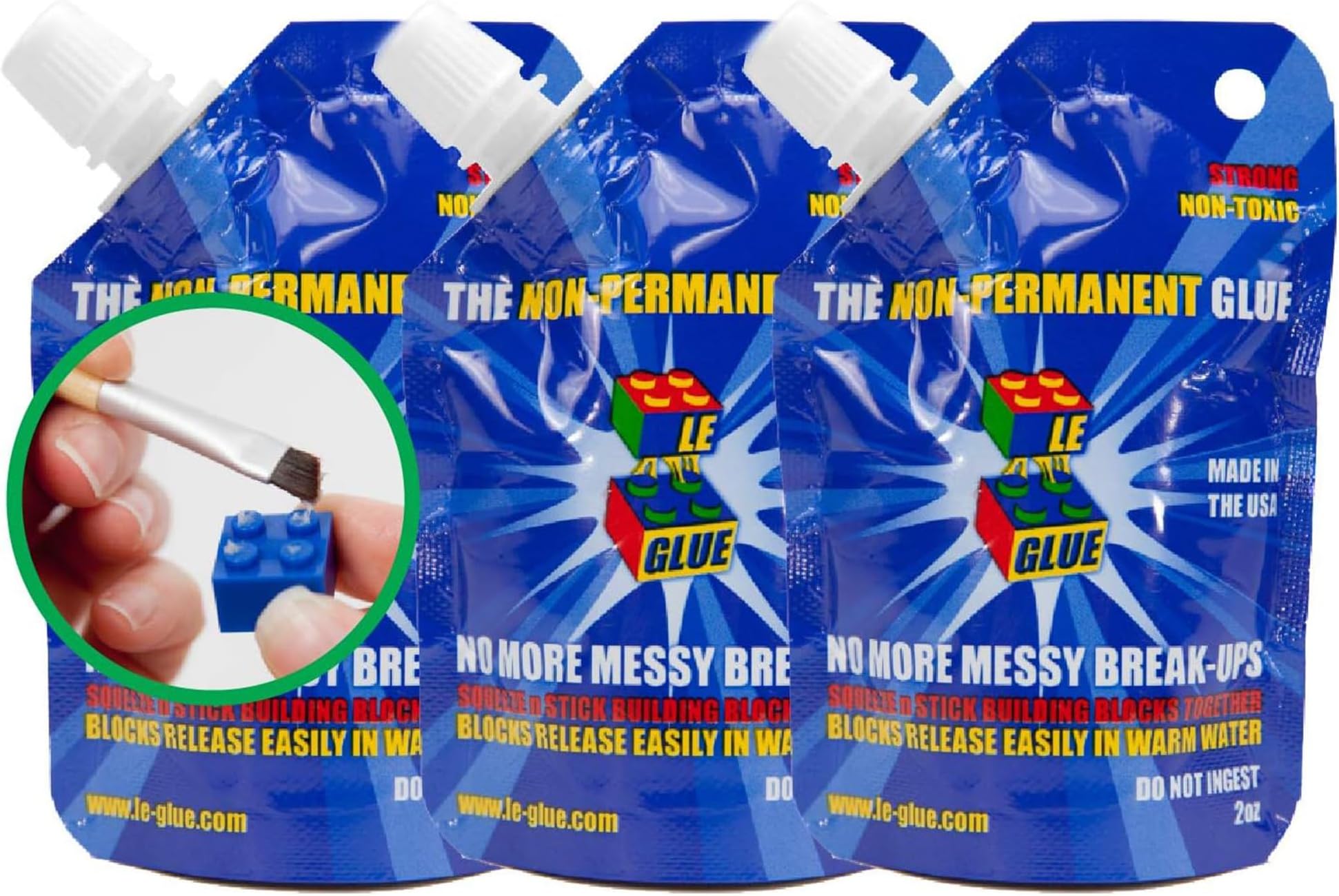 Le Glue Temporary Glue 3 Pack - Compatible with Legos - Non-Permanent Clear Adhesive for Plastic Building Blocks - No Messy Break-Ups - Non-Toxic Formula - Created for Kids, by a Kid
