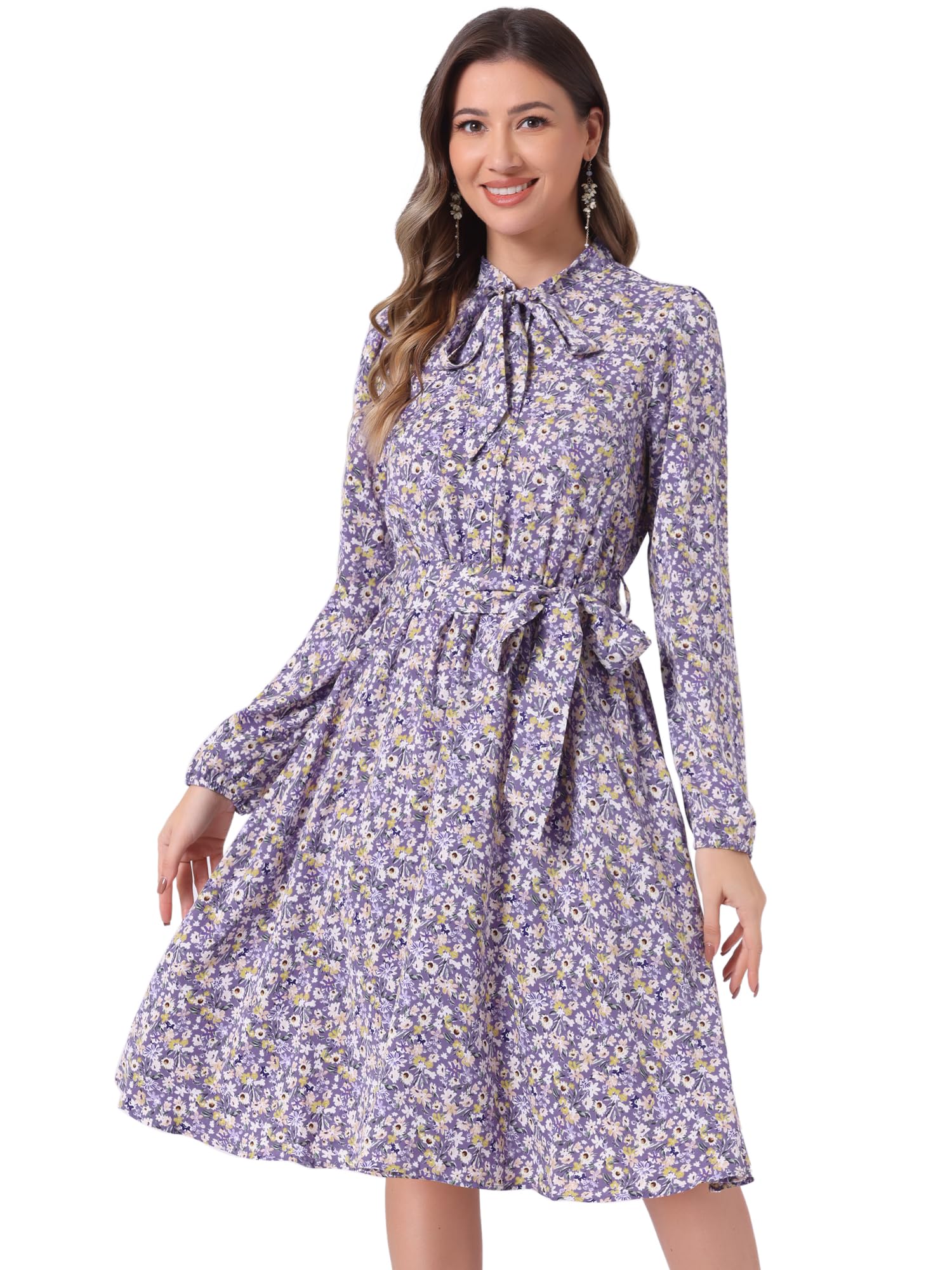 Allegra K Women's Tie Neck Dresses Chiffon Long Sleeve Belted Vintage Floral Dress