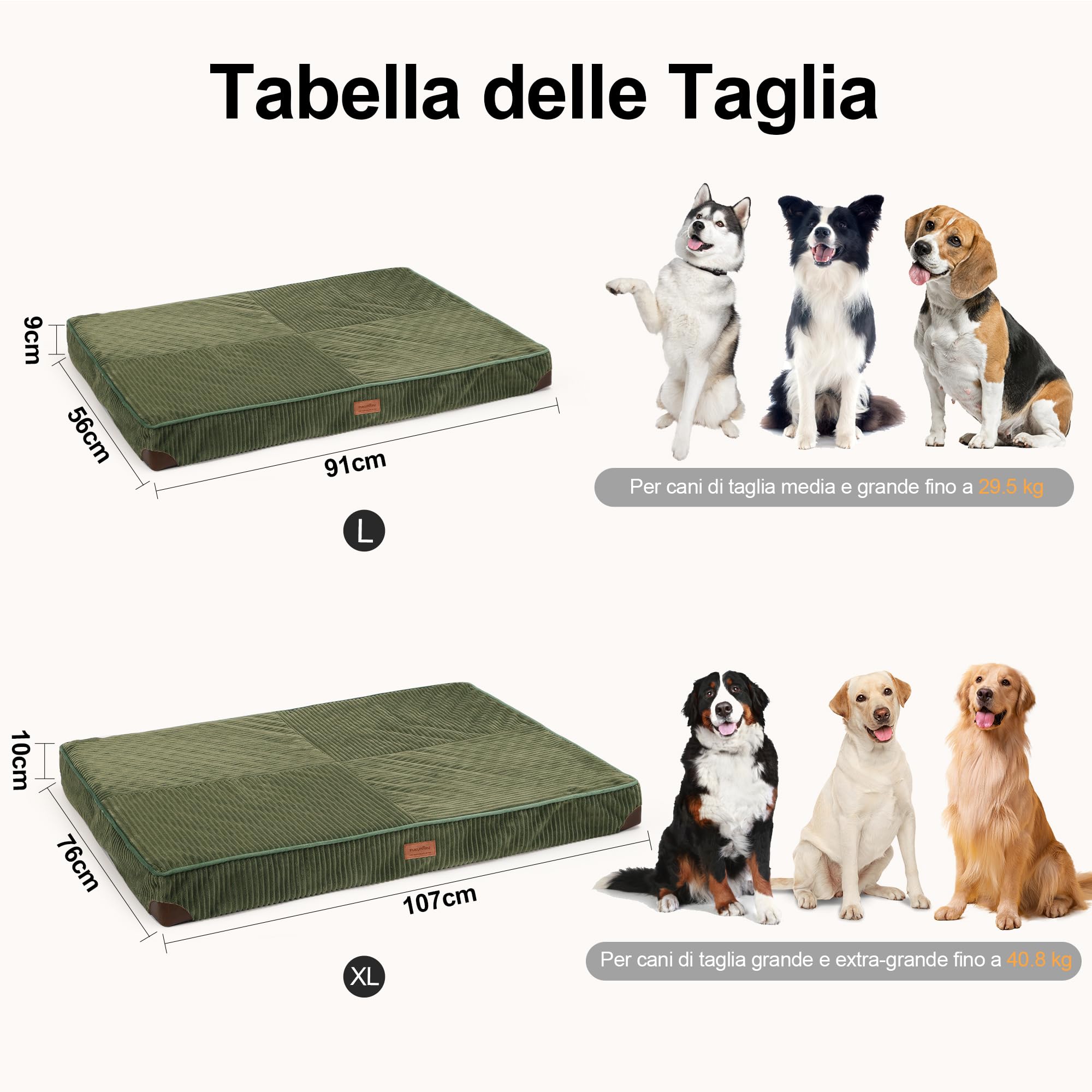 FUKUMARU Letto per Cani, Letto Ortopedico in Velluto a Coste Morbido con Rivestimento Lavabile, Impermeabile e Sfoderabile, Materassino Cane Confortevole con Base Antiscivolo, Verde