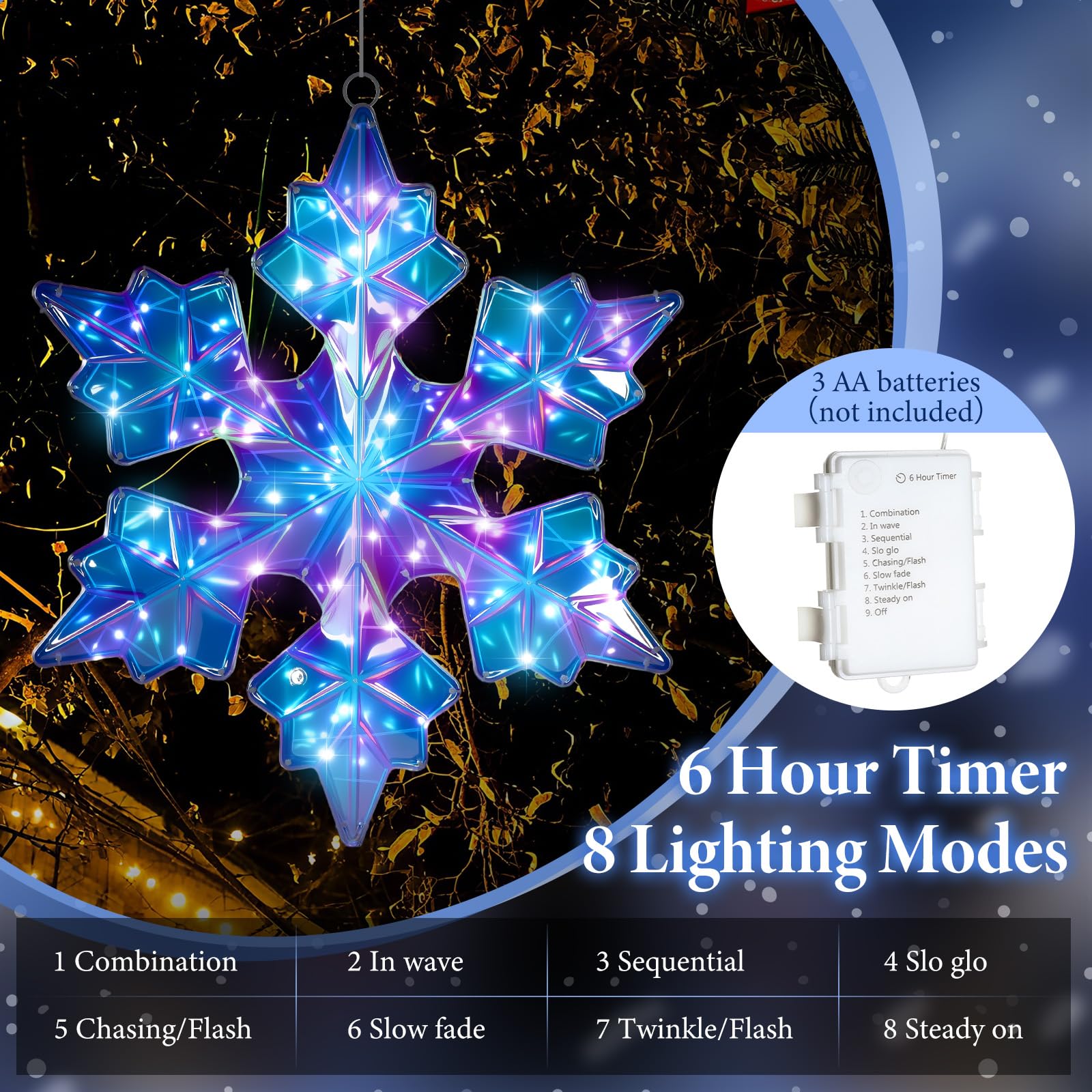 Nuanchu Grande guirlande lumineuse de Noël en forme de flocon de neige de 63,5 cm pré-éclairée à 155 DEL à suspendre pour grande fenêtre, lumières prismatiques irisées, imperméables pour Noël, maison