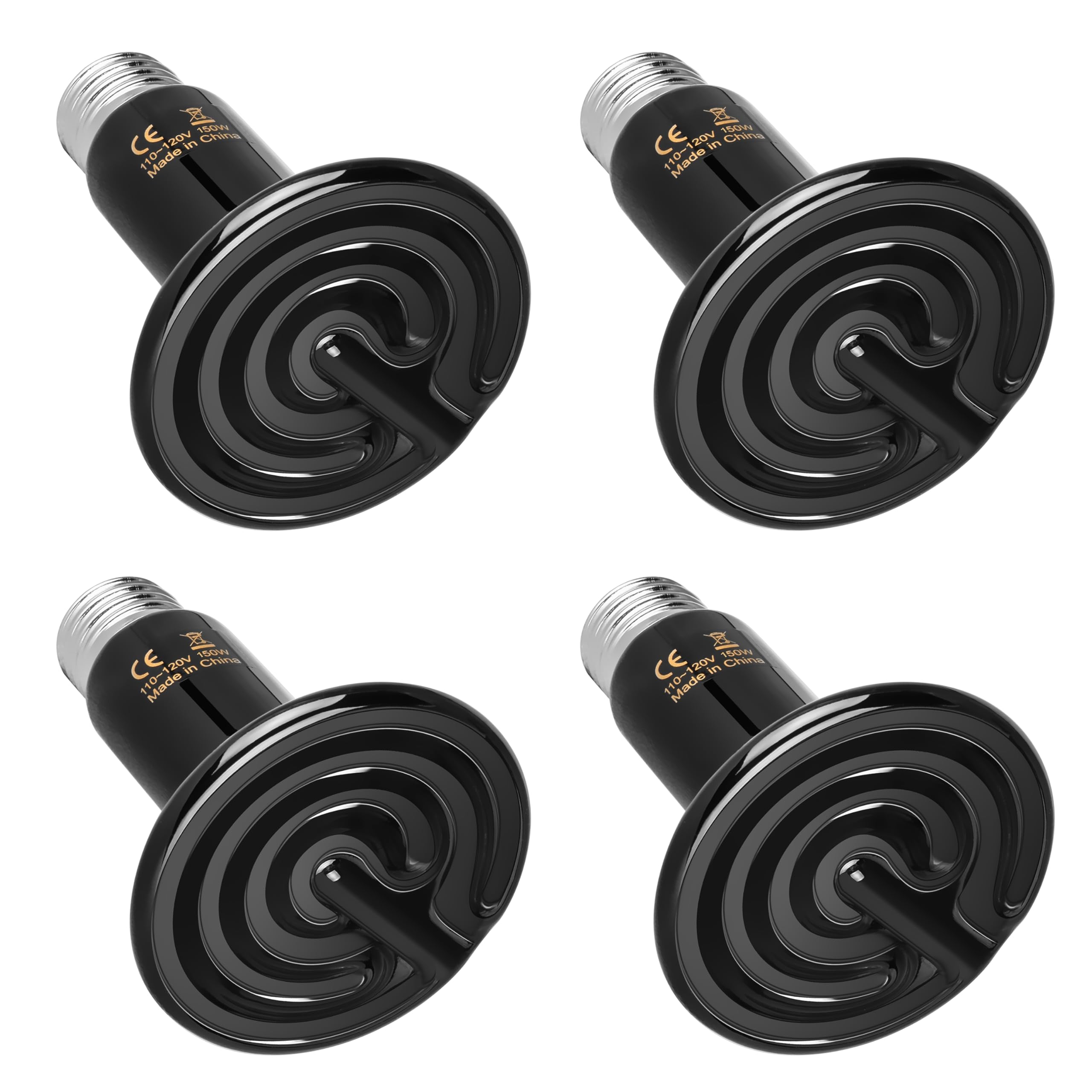 Simple Deluxe 150W Reptile Heat Lamp Bulbs, Ceramic Heat Emitters for Amphibian Pet & Incubating Chicken (Black, 150 Watts, 4-Pack)