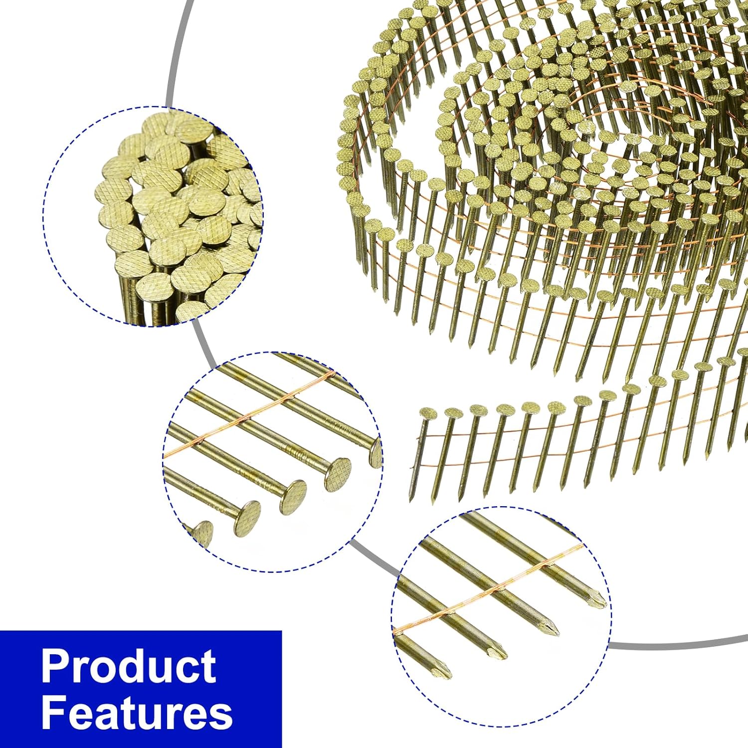 uxcell 1200 Count Siding Nails 1-1/4" x 0.075" 15-Degree Ring Shank Full Round Head Collated Wire Coil for Lath and Sheathing Materials