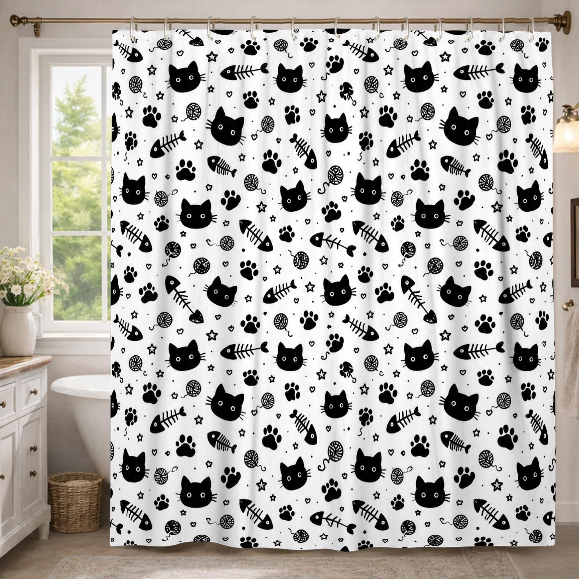 Rideau de douche extra long 183 x 243 cm tissu toile noir grand rideau douche avec crochets