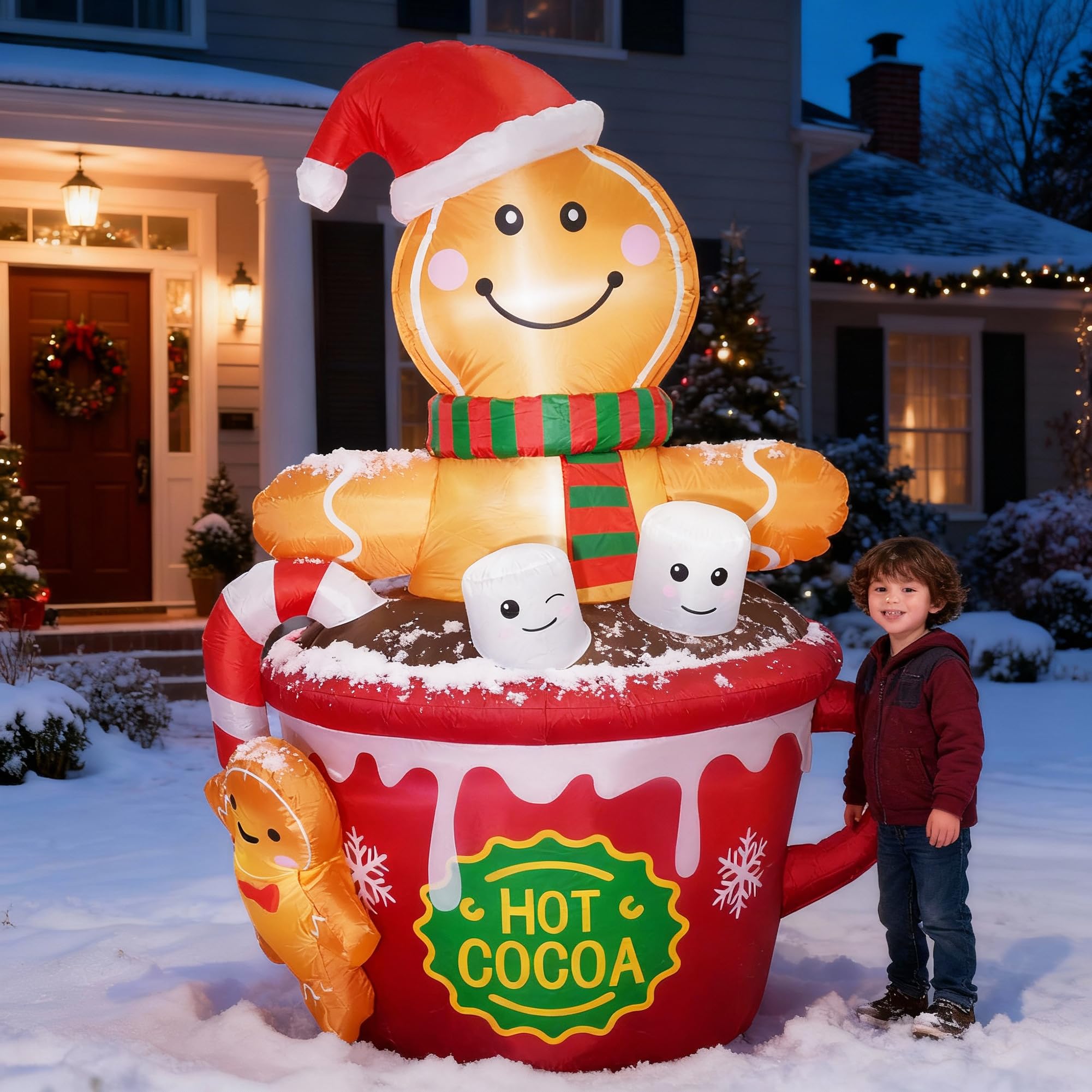 Funflatable 6 FT Christmas Inflatables Outdoor Decorations, Cute Christmas Blow Up Yard Decorations Gingerbread Man in Hot Cocoa Mug Scene for Garden Lawn Xmas Decor