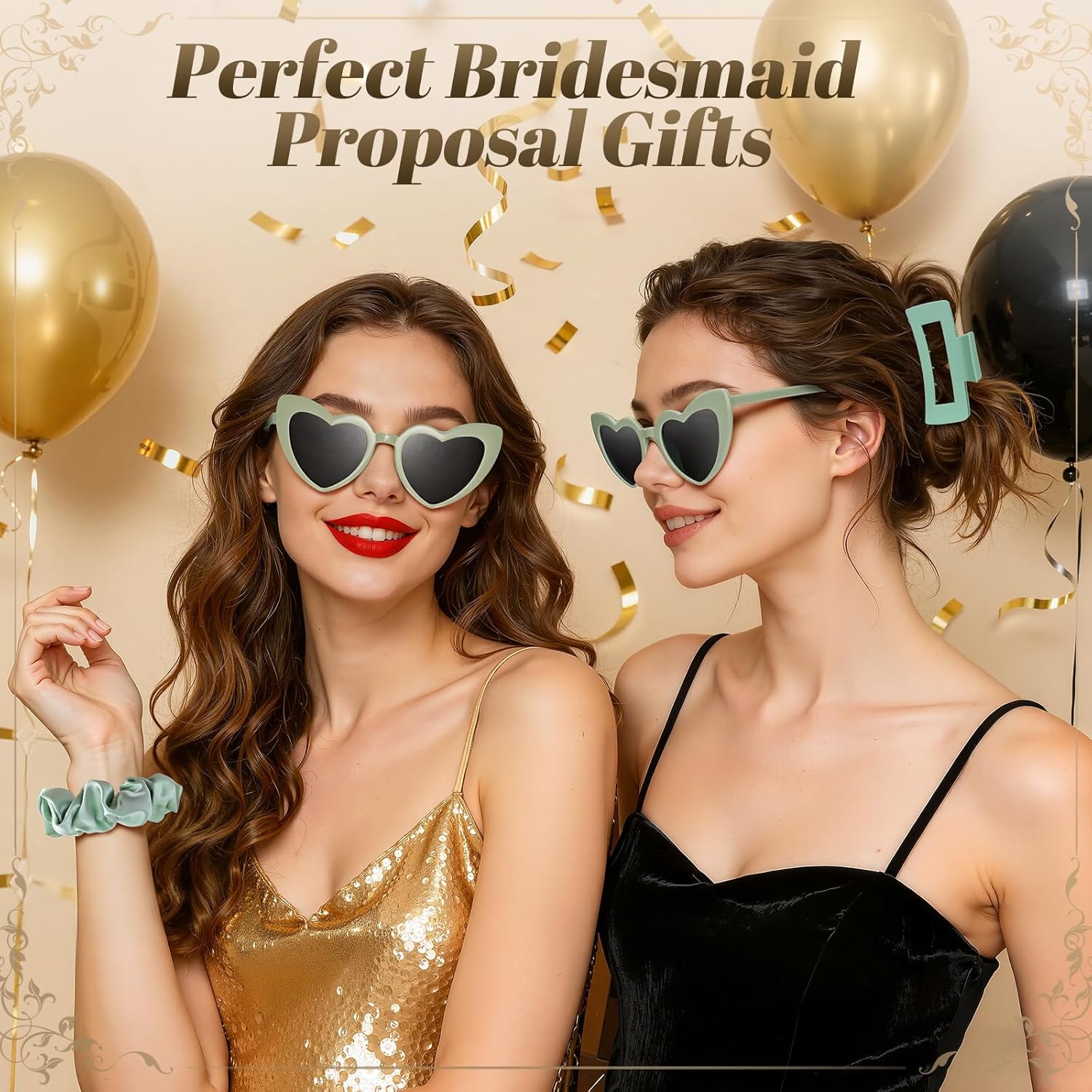24pcs Bridesmaid Proposal Gifts Hair Claws Green Satin Scrunchies, Flower Hair Clips, Heart Bridesmaid Sunglasses for Bachelorette Party Favors (White & Green)