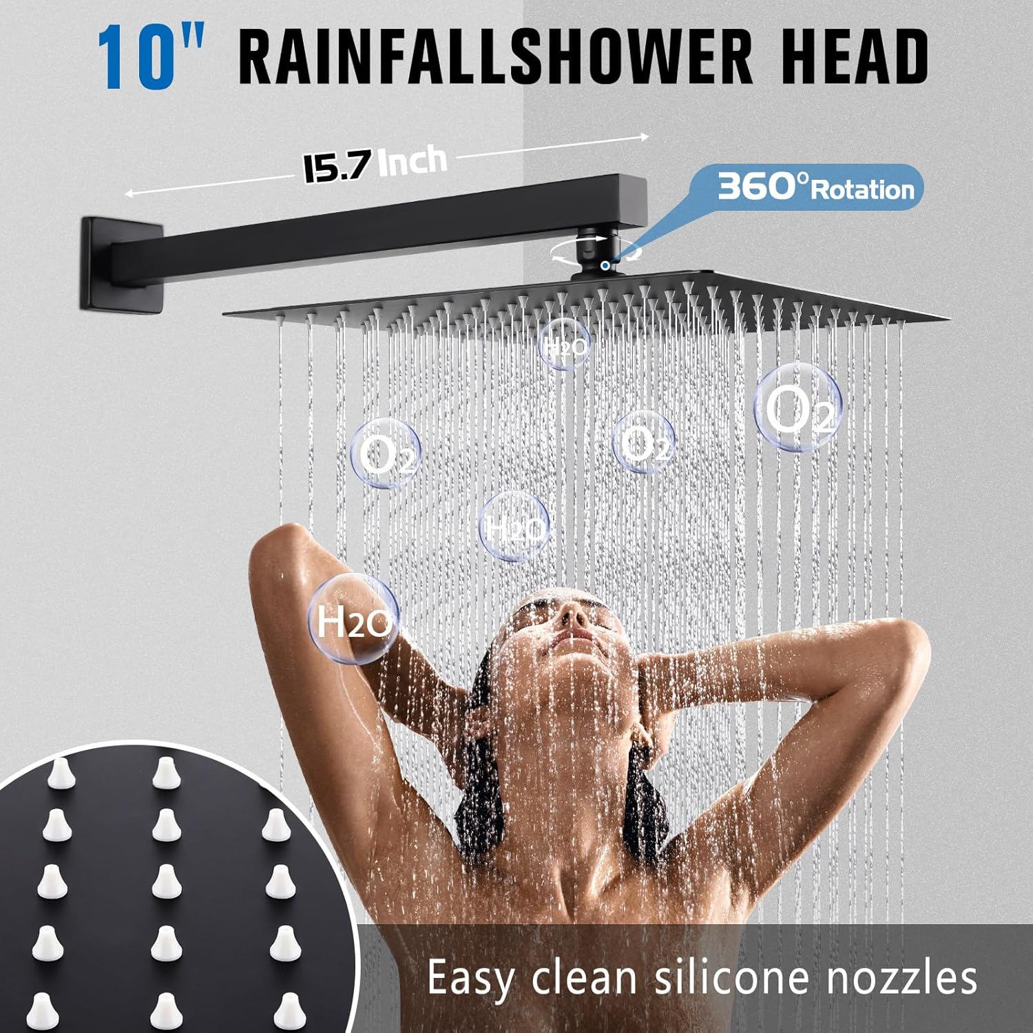 10 Inch Rainfall Shower System - Wall Mounted Complete Combo with Solid Brass Pressure Balancing Valve, High Pressure Shower Head, Handle Set & Installation Accessories Matte Black