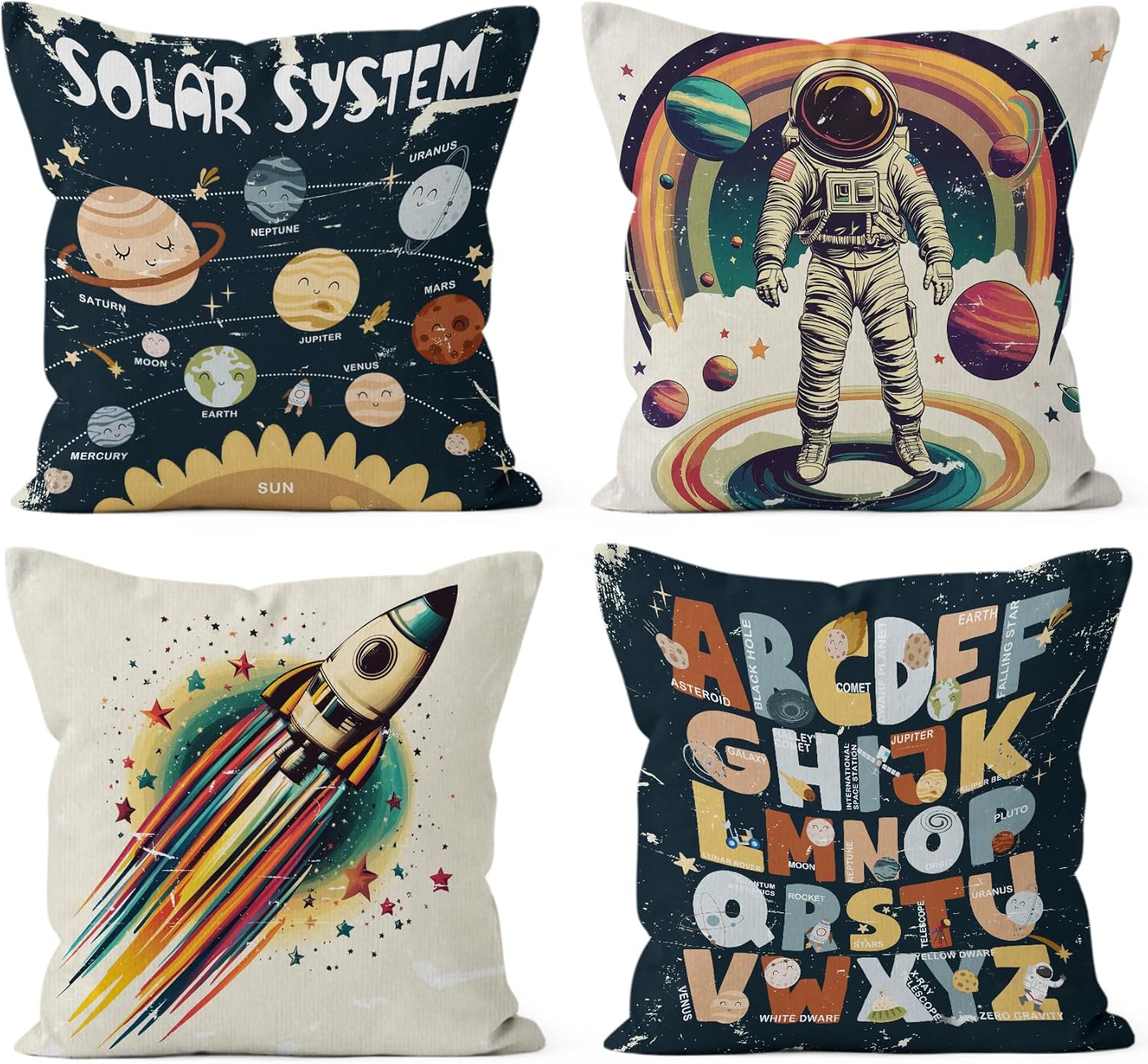 HIWX Space Pillow Covers 18x18 Set of 4, Space Nursery Decor, Solar System Rocket Astronaut ABC Alphabet Educational Decorative Pillow Covers for Kids Nursery Toddler Room Bedroom Home Decor