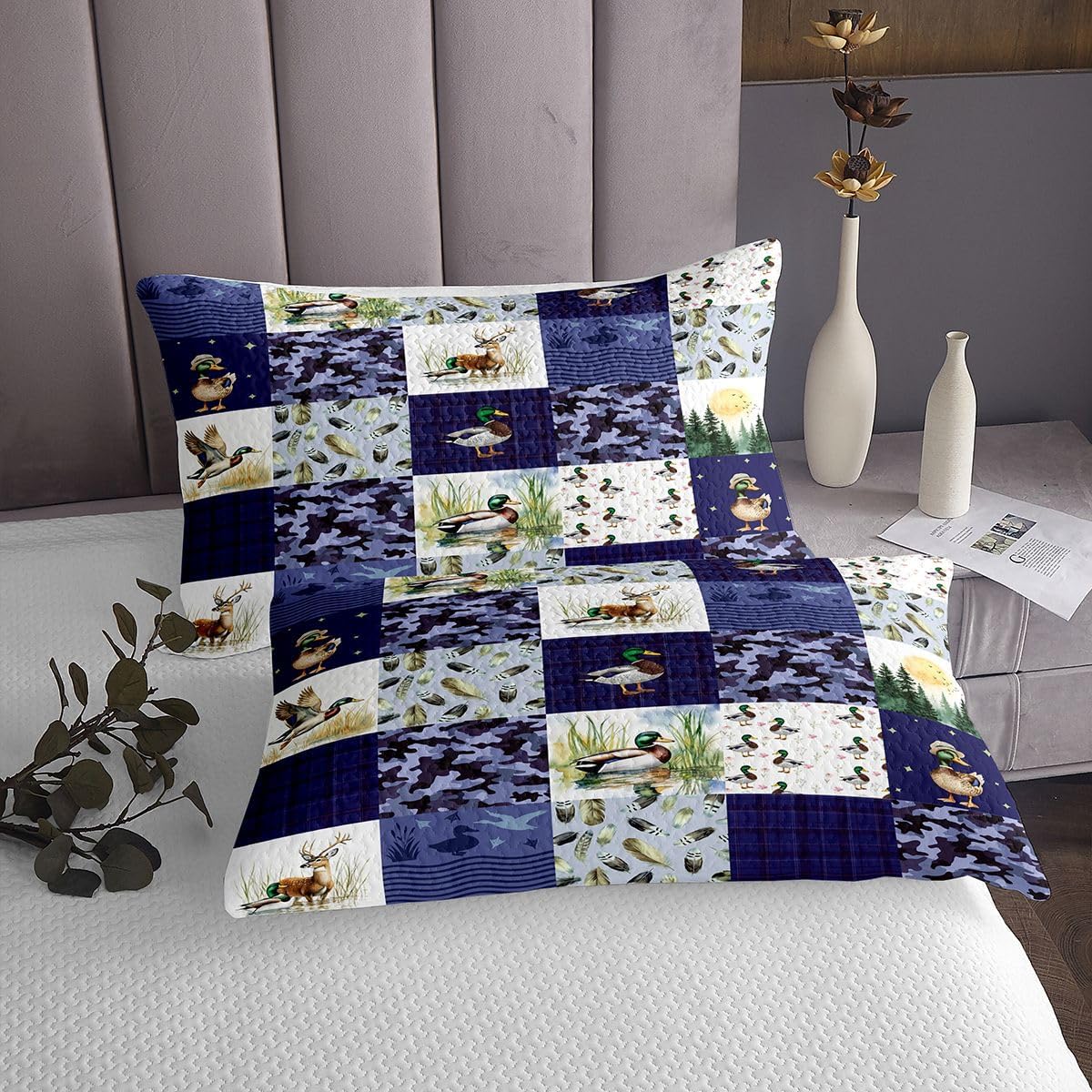 jejeloiu Mallard Duck Bedspread Quilts Wild Duck Deer Coverlet Set King Size for Kids Boys Girls Dark Blue Camo Camouflage Quilted Coverlet for All Season with 2 Pillowcases Buffalo Check Microfiber