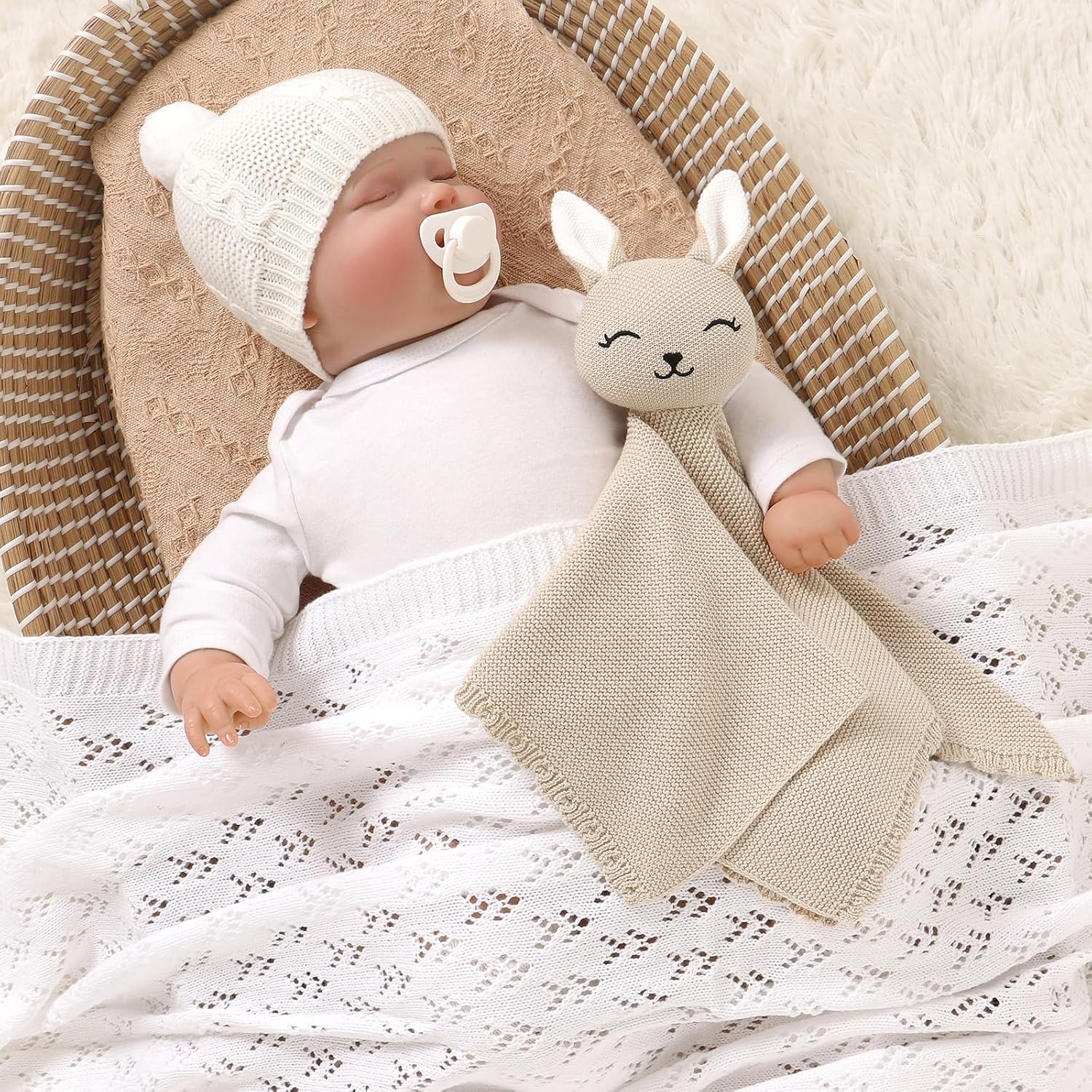 LAWKUL Bunny Lovey Baby Blanket Soft Cuddly Security Blanket Knit Snuggle Comfort for Newborns Toddler Boy Girl Camel 16x16in