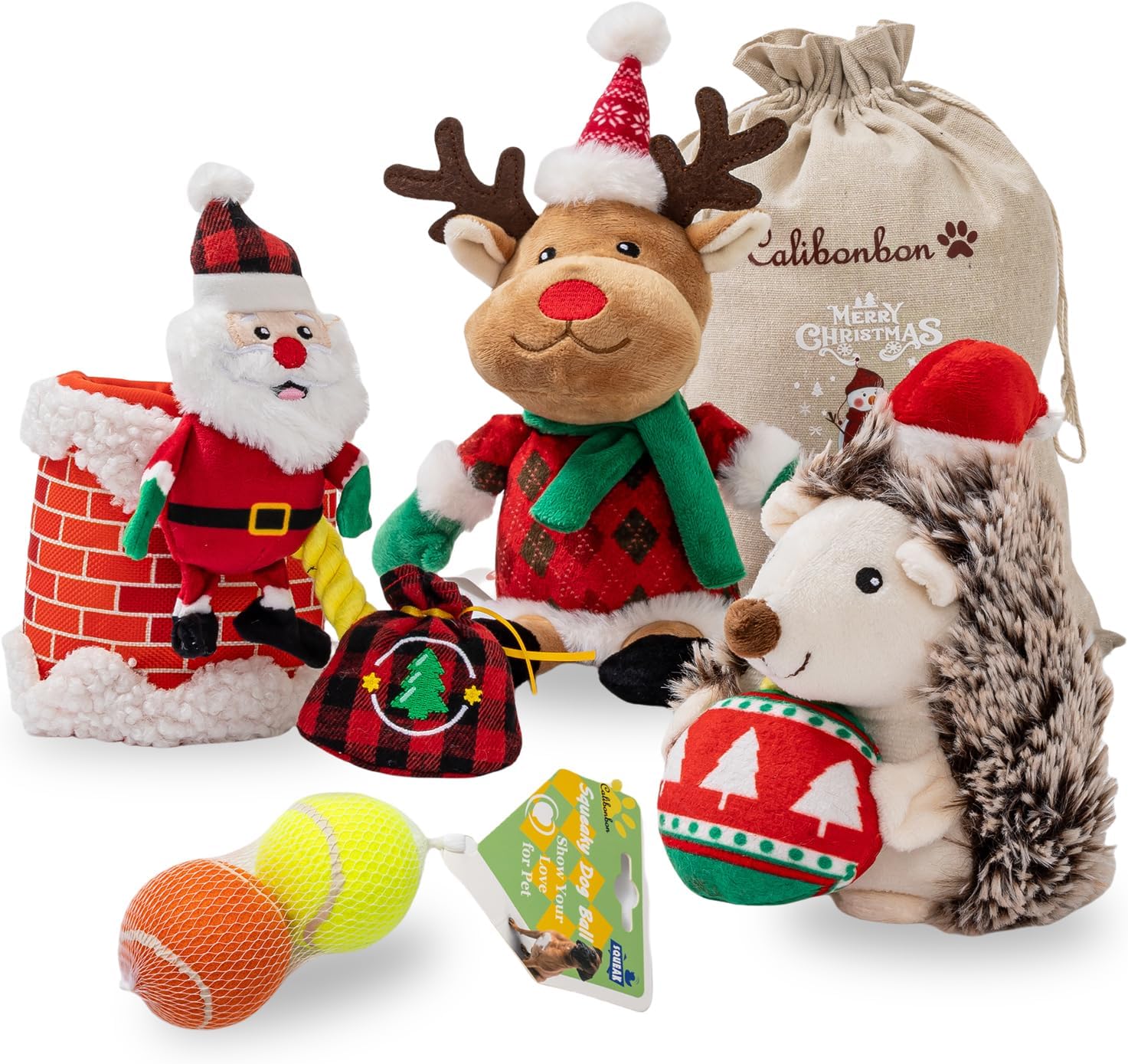 Christmas Dog Toy Set, 5 Pack Plush & Balls with Gift Bag – Reindeer, Santa, Hedgehog & Tennis Balls, Squeaky Durable Toys for Small Medium Dogs, Holiday Pet Gift Bundle