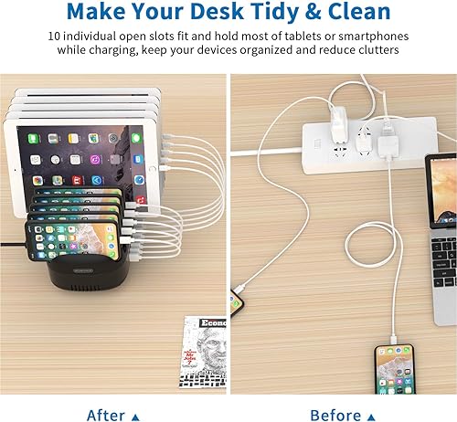 Miniatura 5 de Estación de carga de 10 puertos para múltiples dispositivos, organizador de estación de carga para iPad de 120 W, base de carga USB con ventilador
