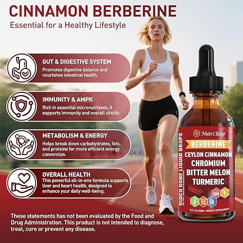 Miniatura 6 de Berberina con canela de Ceilán - Suplemento de berberina en gotas líquidas con extracto de melón amargo, cúrcuma, cromo, gimnasia, moringa,