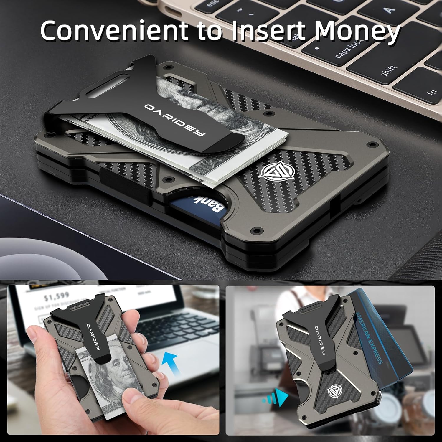 Minimalist Wallet for Men- Slim Aluminum Metal Money Clip Wallet with Clear ID Card Holder, Carbon Fiber Wallet, RFID Blocking, Holds up 15 Cards with Cash Clip, Ultra-Thin Tactical Wallet- Gunsmoke - Image 5