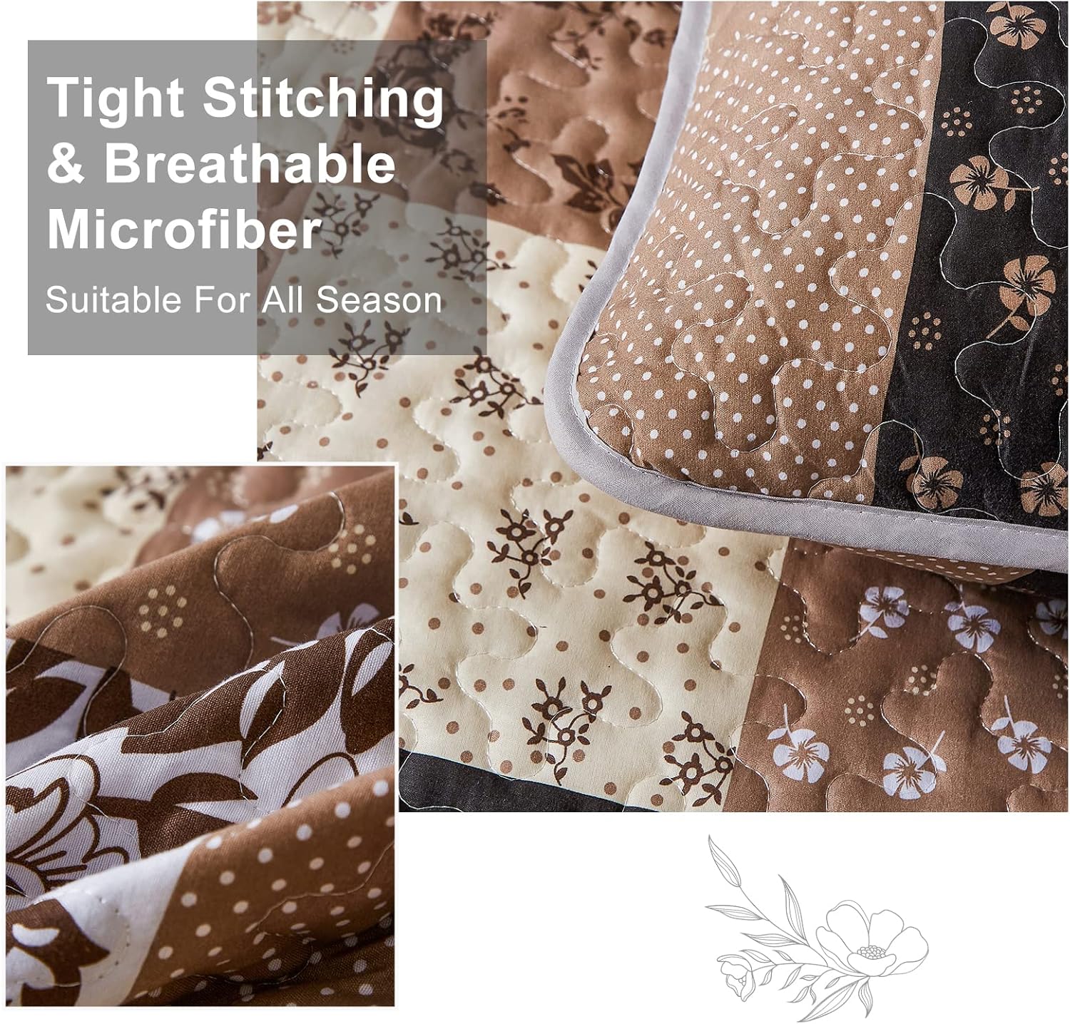 Mybedsoul Khaki Quilt Set King Size Quilt Bedding Set Brown Plaid,3 Pieces Patchwork Floral Patchwork Reversible Bedspread Coverlet Set for All Season,Soft Microfiber Bedding Set King 90"X104" - Image 3