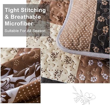 Mybedsoul Patchwork Quilt Set Queen Size,3 Pieces Brown Floral Plaid Patchwork Reversible Bedspread Coverlet Set for All Season,Summer Soft Microfiber Bedding Set Queen 90
