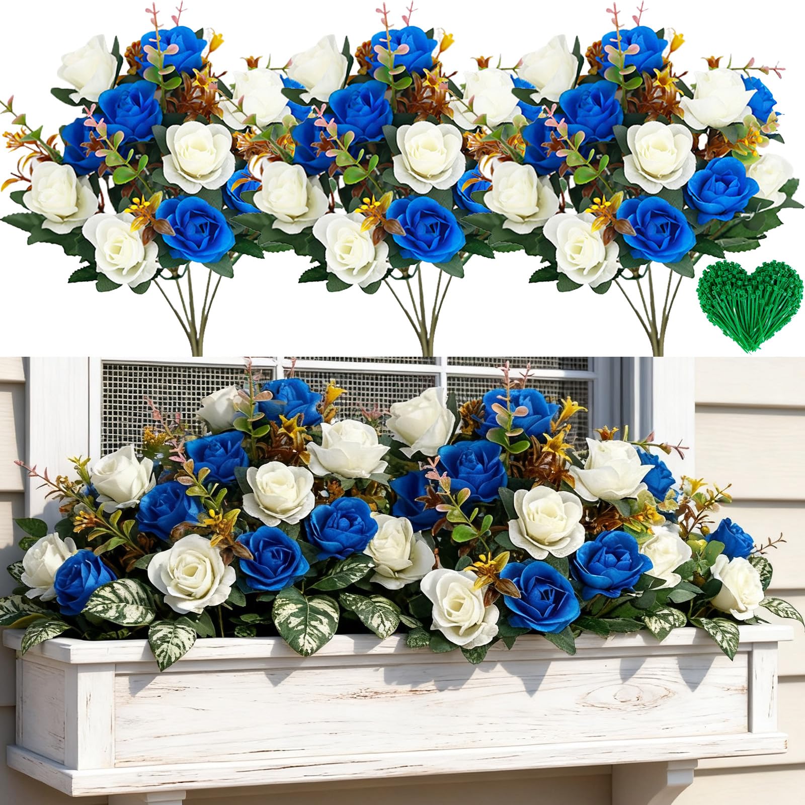 LHLZNB 3 Bundles Artificial Rose Flowers, Bright Blue & Ivory White 12 Heads Each with 10 Cable Ties for Memorial Garden Home Decor