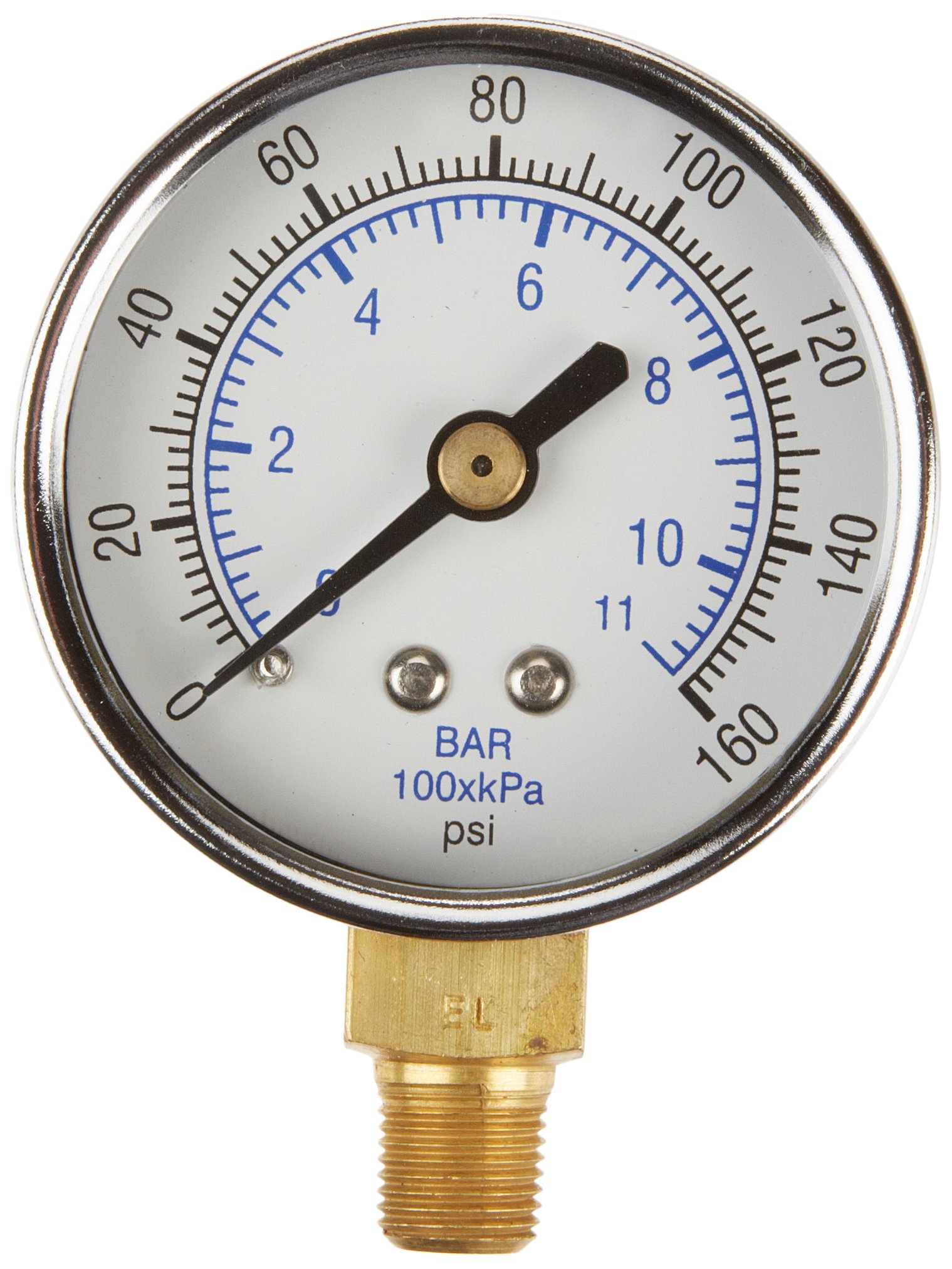 PIC Gauge 101D-208F-GL 2" Dial, 0/160 psi Range, 1/8" Male NPT Connection Size, Bottom Mount Dry Pressure Gauge with a Black Steel Case, Brass Internals, Chrome Bezel, and Glass Lens