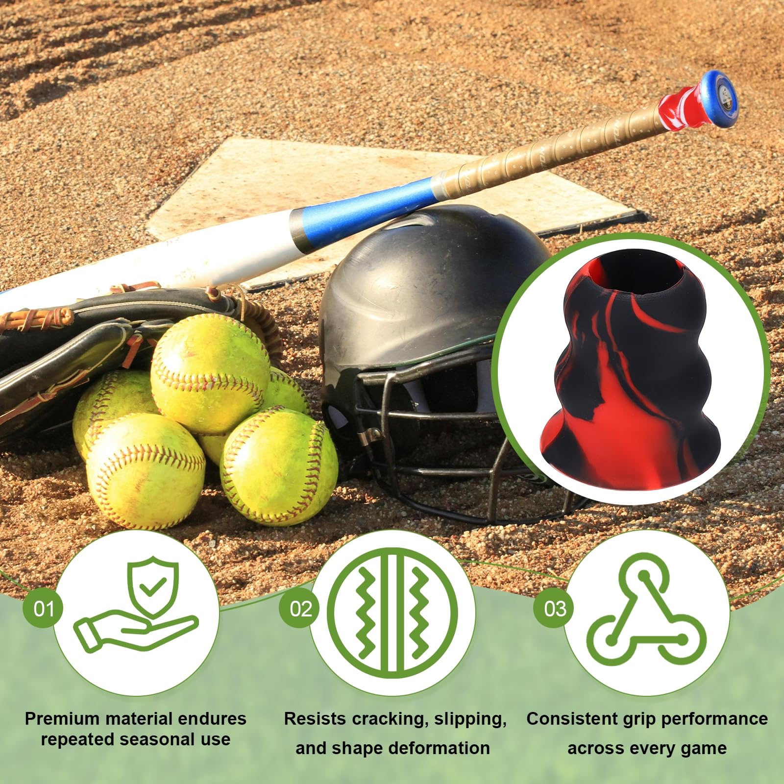 Schlägerknauf, Softball-Griff, Silikon, rutschfest, ergonomisch, verbesserter Griff, einfache Installation, 2 Stück, Rot-Schwarz, passend für die meisten Softballschläger/Baseballschläger