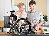 Vista 9 de Acuvar Kit de vlogging premium de 9 piezas para iPhone, Android y cámaras, micrófono, soporte de trípode y luz LED, paquete de YouTube, TikTok