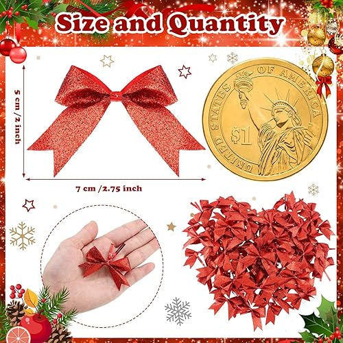 Miniatura 9 de 100 lazos de cinta de Navidad de 2 pulgadas, lazos con purpurina, mini lazos preatados, lazos de Navidad brillantes, lazos de poliéster para