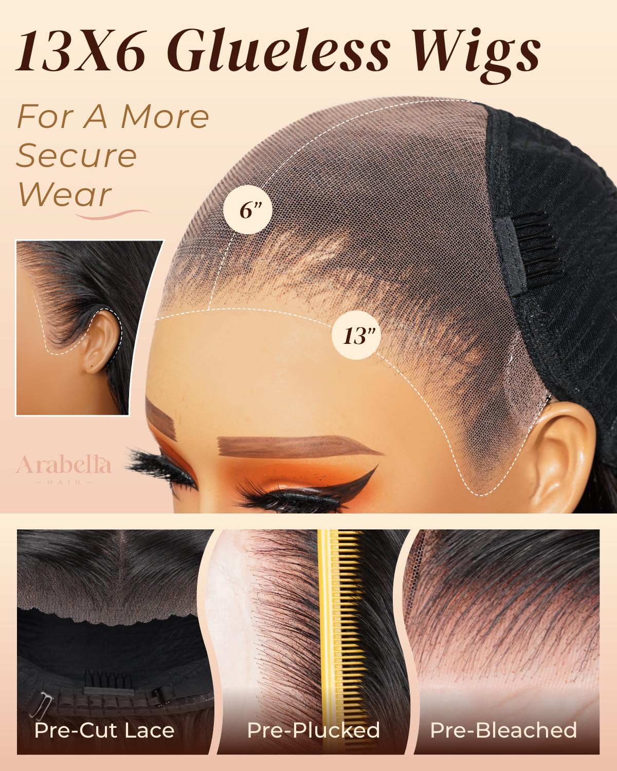 Arabella 13x6 Glueless Wigs Human Hair Pre Plucked Pre Cut 230% Density Upgraded Ear-to-Ear HD Body Wave Lace Front Wigs Human Hair Glueless Wear and Go Drawstring Black Frontal Wig with Tapes 24 Inch