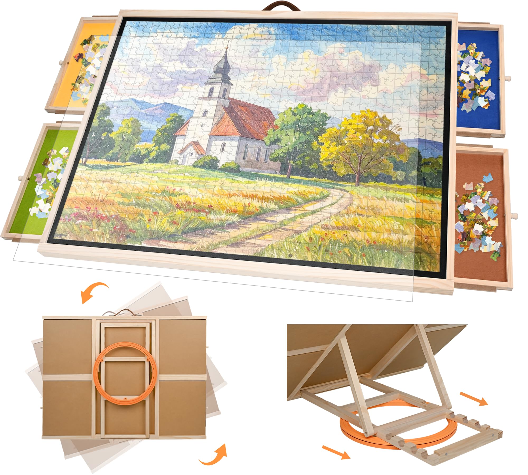 2-in-1 Rotating Tilting Jigsaw Puzzles Board, 1500 Pieces Wooden Jigsaw Puzzle Table with 4 Drawers & Cover, Leather Handle, 6 Height Adjust Portable Lazy Susan Turntable Puzzle Boards for Adults Gift
