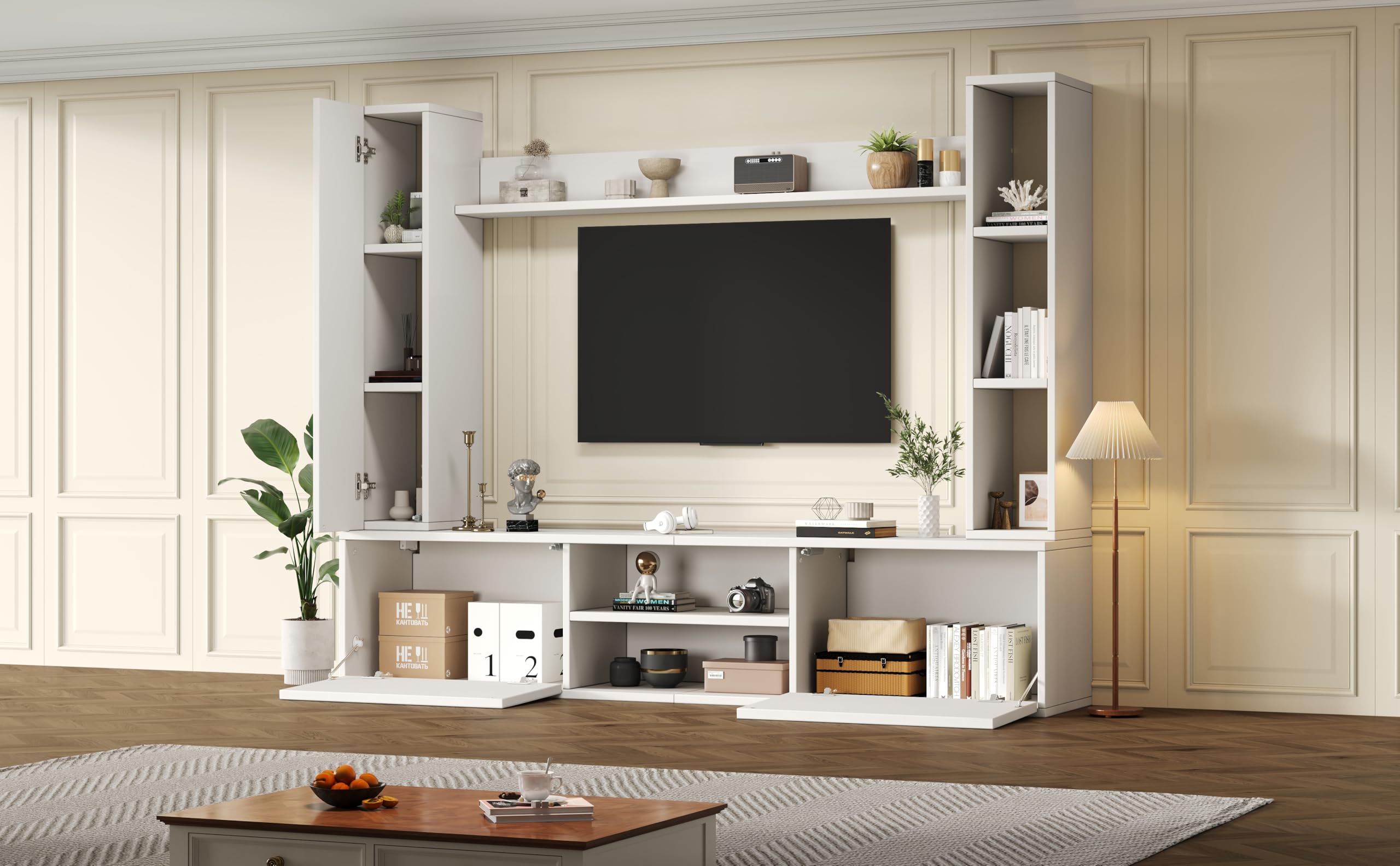 BTM 180x35x33.5cm TV Wohnwand-Set mit Vitrinen (Komplett-Set, 4-St),Mediawand inkl.TV-Board, Standregal und 2 Wandregal,Wohnzimmermöbel-Set,Schrank, stehend&hängend, bis 80',Weiß