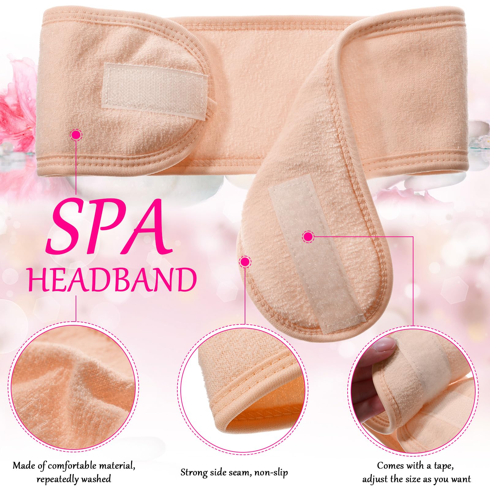 Hoteam Paquete de 30 diademas de spa para spa, diadema facial de spa a granel para lavado facial, diadema de maquillaje para ducha, baño, deporte, toalla ajustable con gancho y bucle (rosa claro)