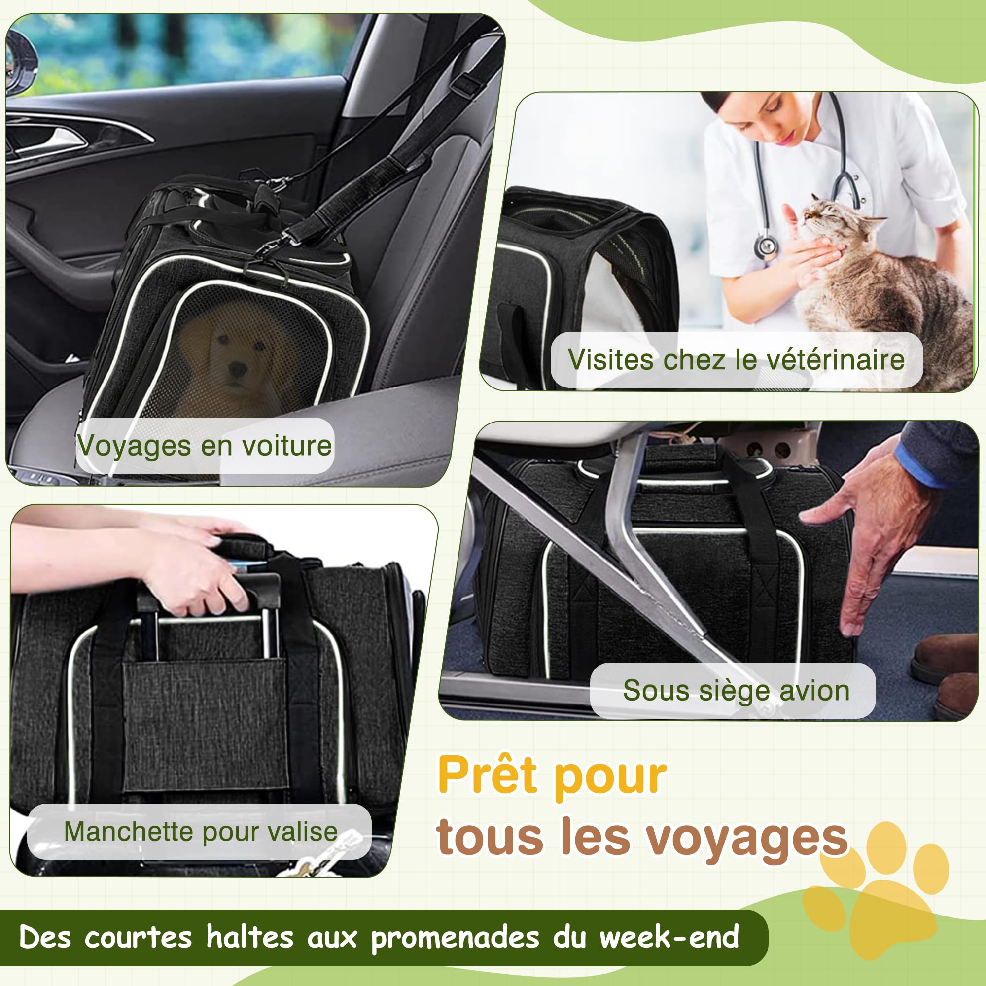 ALLSOPETS Sac de Transport Extensible pour Chat et Petit Chien, Sac Souple Pliable avec Extensions Latérales, Coussin Amovible et Poches, Transport Animaux Cabine Avion (Noir & Blanc)