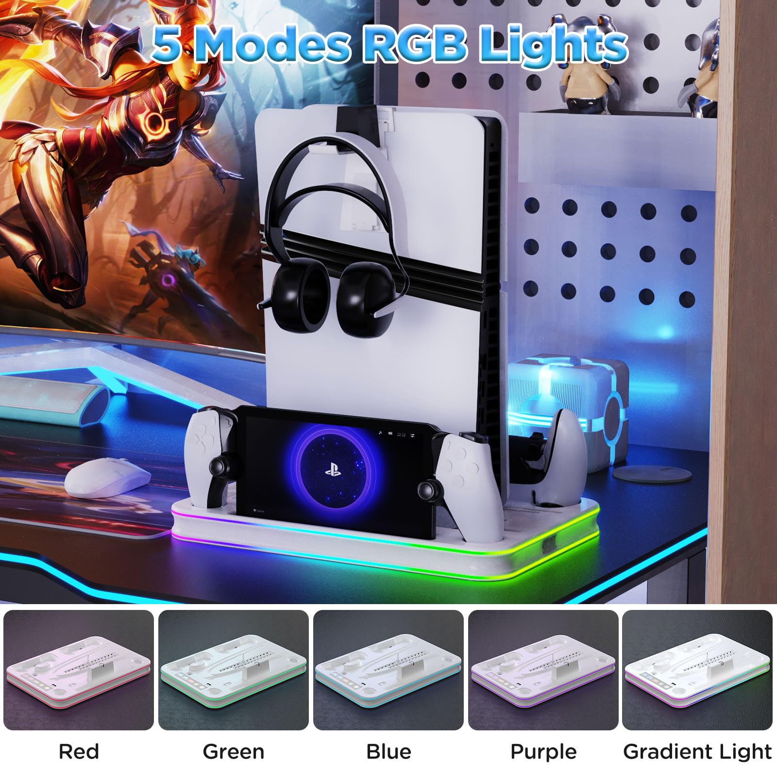 Supporto PS5 con Ventola di Raffreddamento, Stazione Ricarica Verticale per Console Slim/Pro con Luci RGB