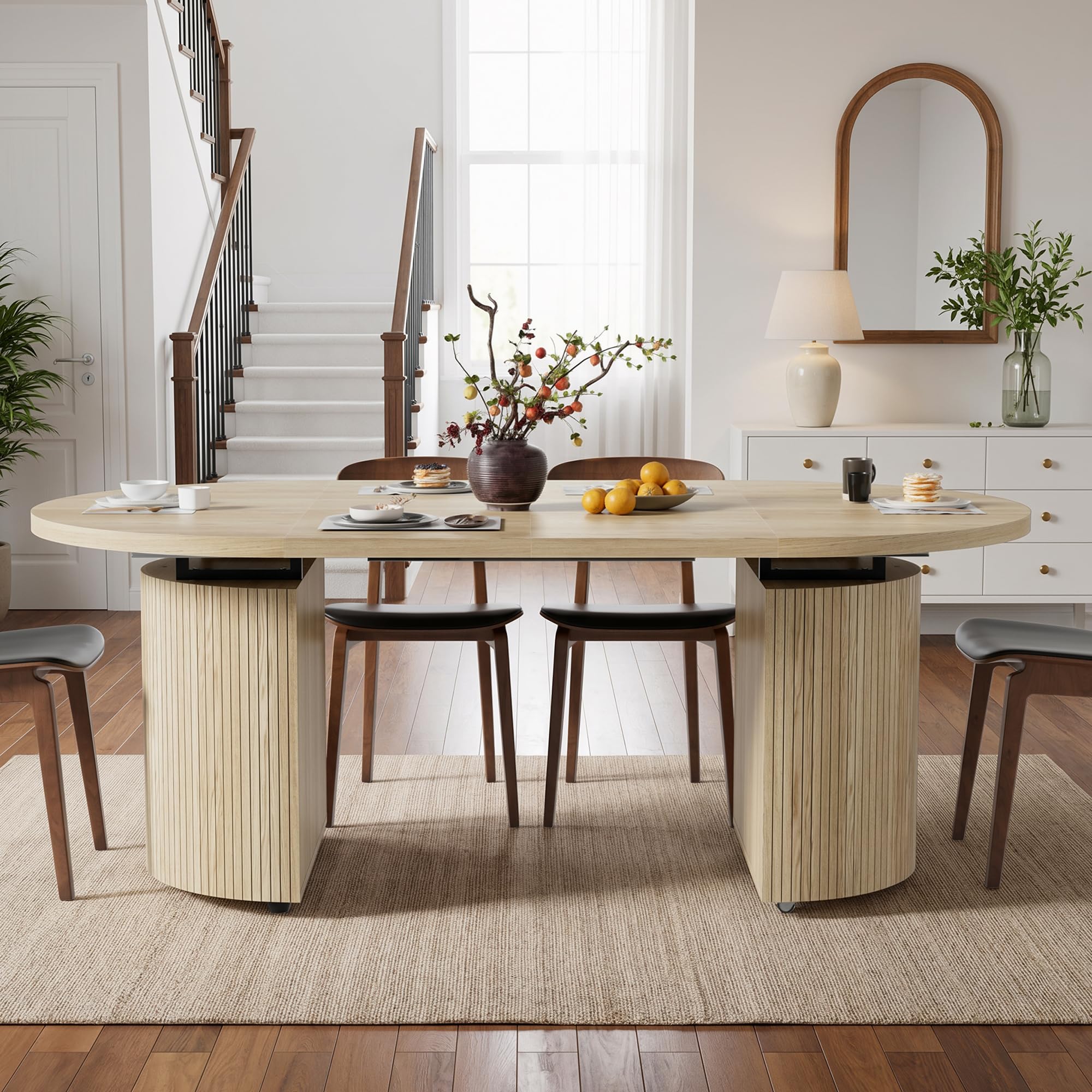 MSFE Mesa Comedor Extensible Mesa Redonda para 4-8 Personas Moderna Mesa de Cocina Ovalada Mesa Extensible Cocina Madera para la Sala de Estar y el Comedor, Sala de reuniones Ø100-180x100x75CM