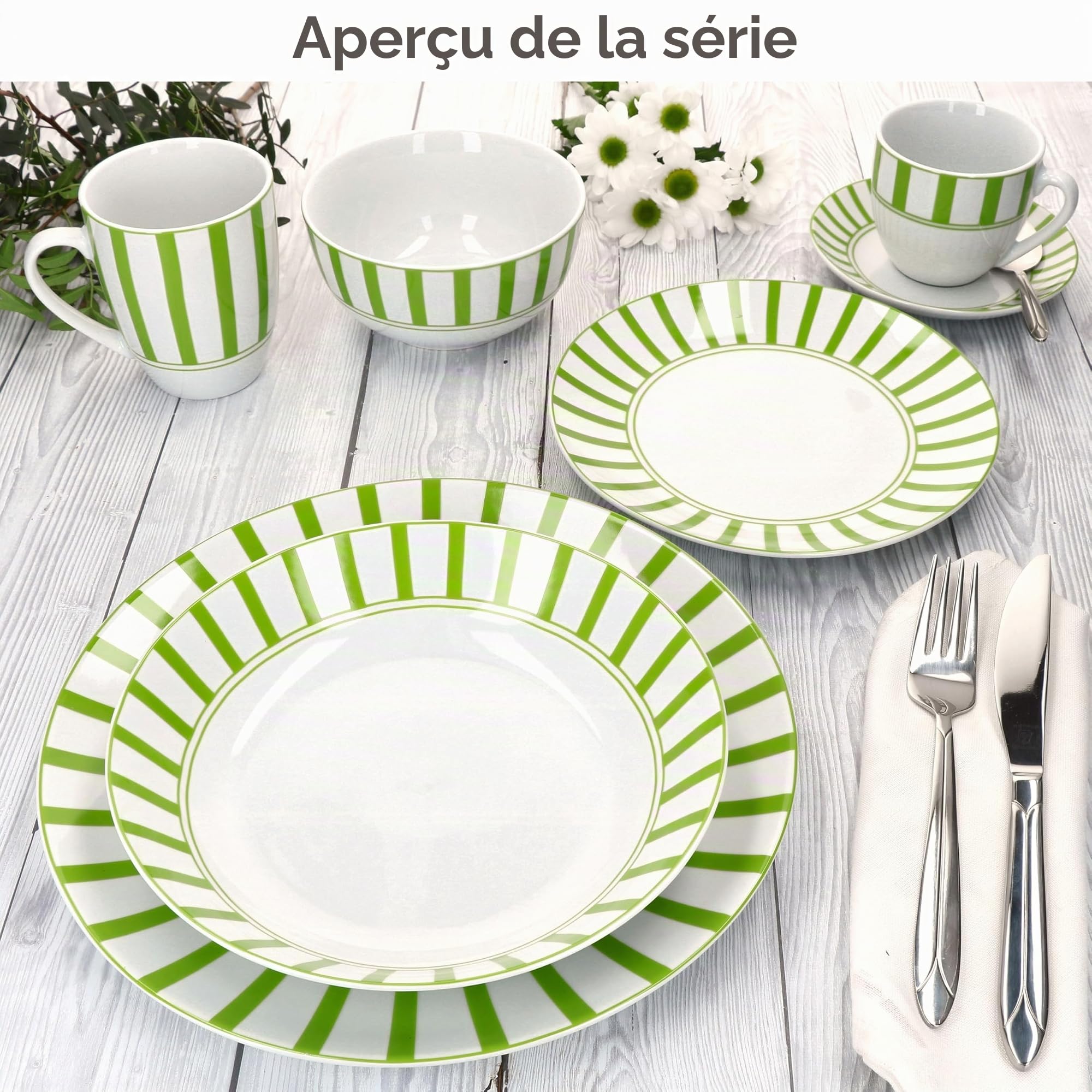 MamboCat Service de table Split vert 12 pièces - Vaisselle en porcelaine blanche avec rayures pour 6 personnes - 6 assiettes creuses et 6 assiettes plates pour le petit-déjeuner, le déjeuner et le