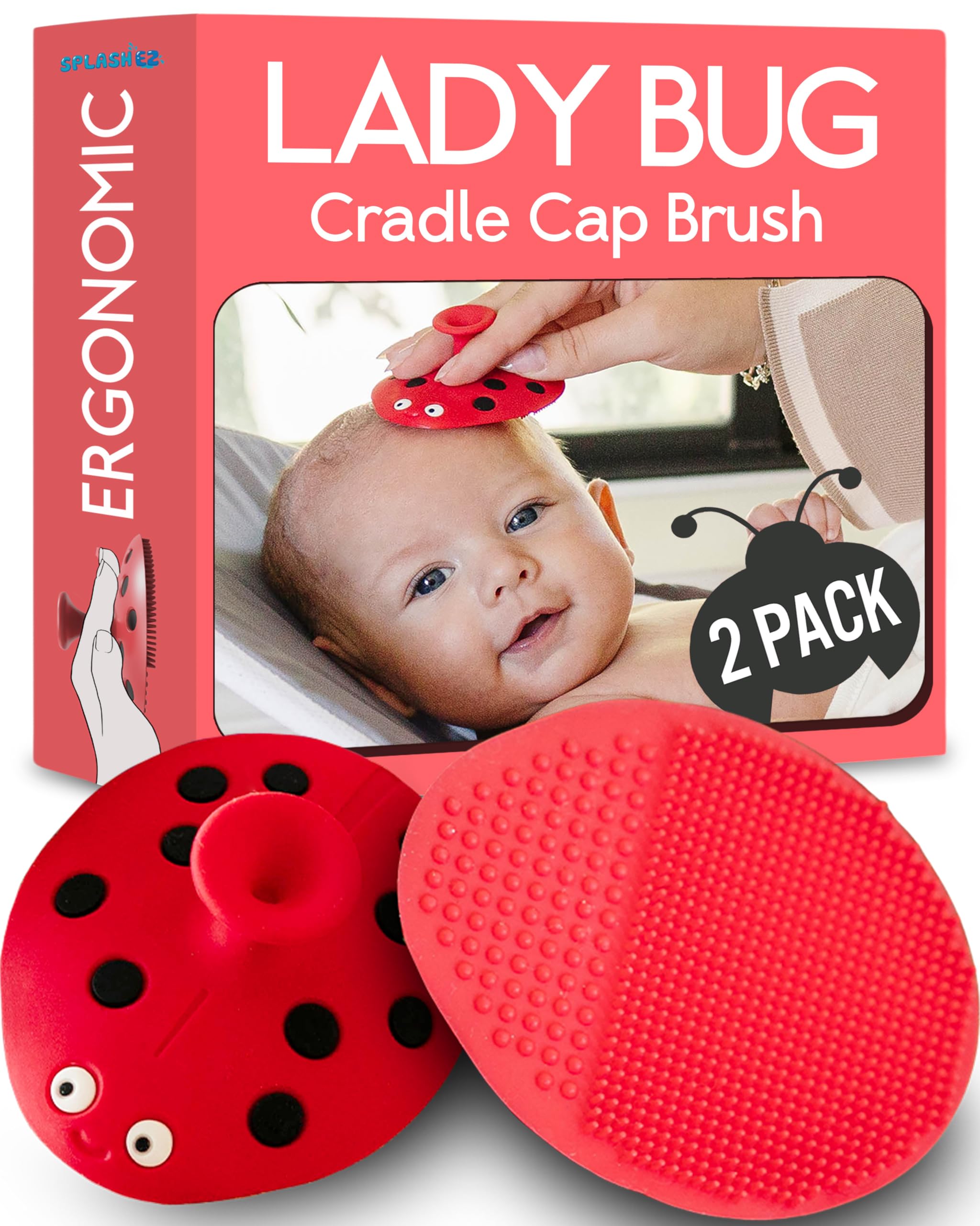 Cepillo SplashEZ para costra láctea para bebés | Masajeador de cabeza relajante para recién nacidos | Cepillo de baño y exfoliante de cuero cabelludo de silicona suave de grado alimenticio | Peine para costra láctea infantil - Forma orgánica y diseño de mariquita, paquete de 2