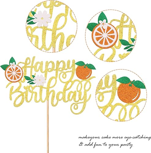 Miniatura 3 de 1 paquete de decoración de pastel de feliz cumpleaños con purpurina naranja para pastel temático de frutas, baby shower, fiesta de cumpleaños para