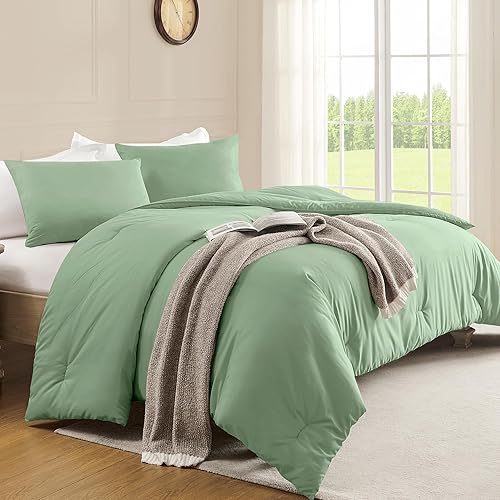 downluxe Juego de edredón tamaño Queen, color verde salvia, juego de edredón ligero y sólido de 3 piezas, juego de edredón suave y cálido para todas