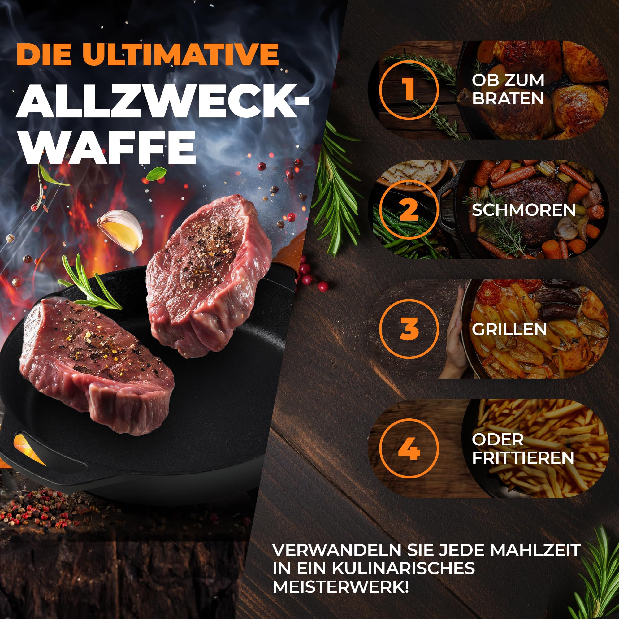 BBQ Ben Gusseisenpfanne Induktion [Feuerfest] Cast Iron Pan - leckere Röstaromen & knusprige Kruste, Grillpfanne Gusseisen, Eisenpfanne, Ofenfeste Pfanne, Antihaft-Bratpfanne, Gusspfanne Grill (30 cm)