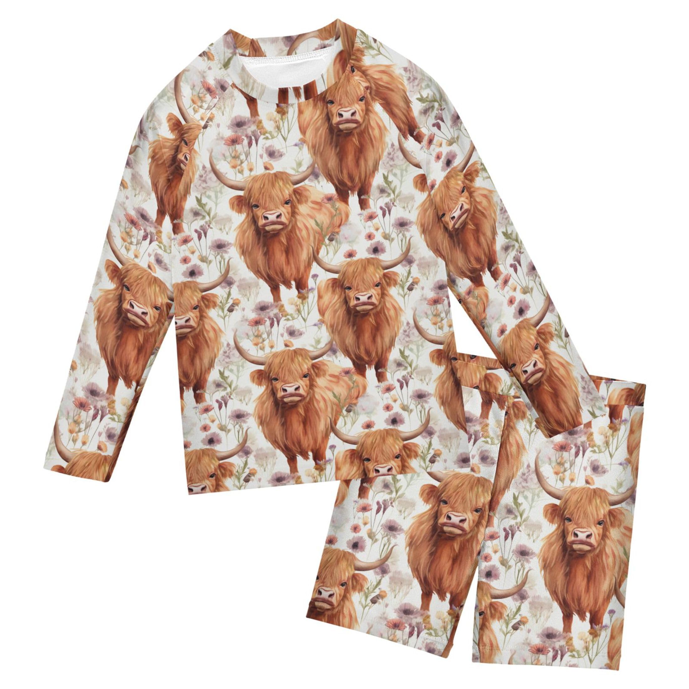 Highland Cow Flowers Animal Baby Boys' Toddler Long Sleeved Rashguard Swim Bathing Suit Set B0403277