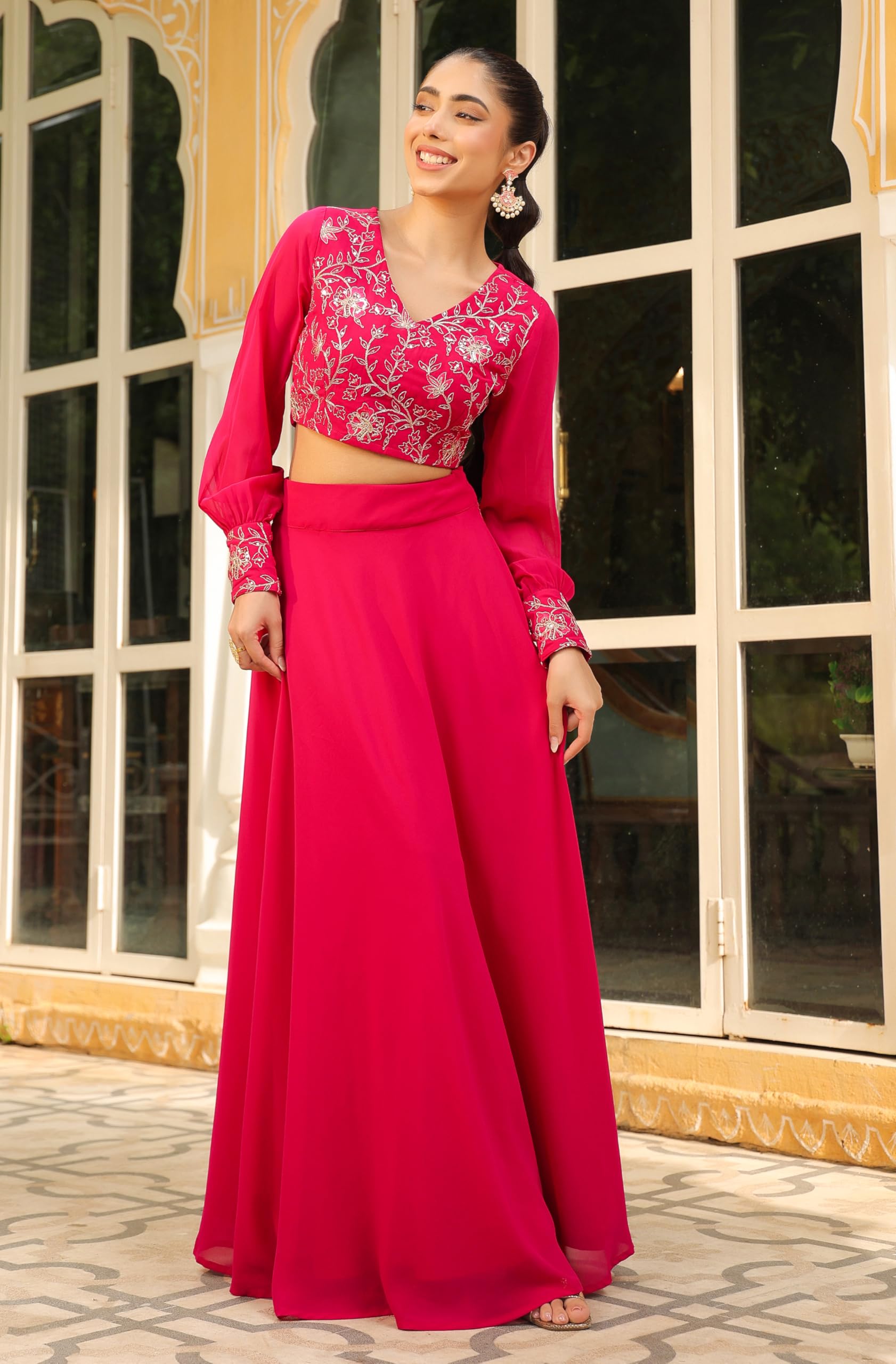 Janasya Women Georgette Embroidered Top & Skirt Pink Color Trending Outfit - Image 5 thumbnail