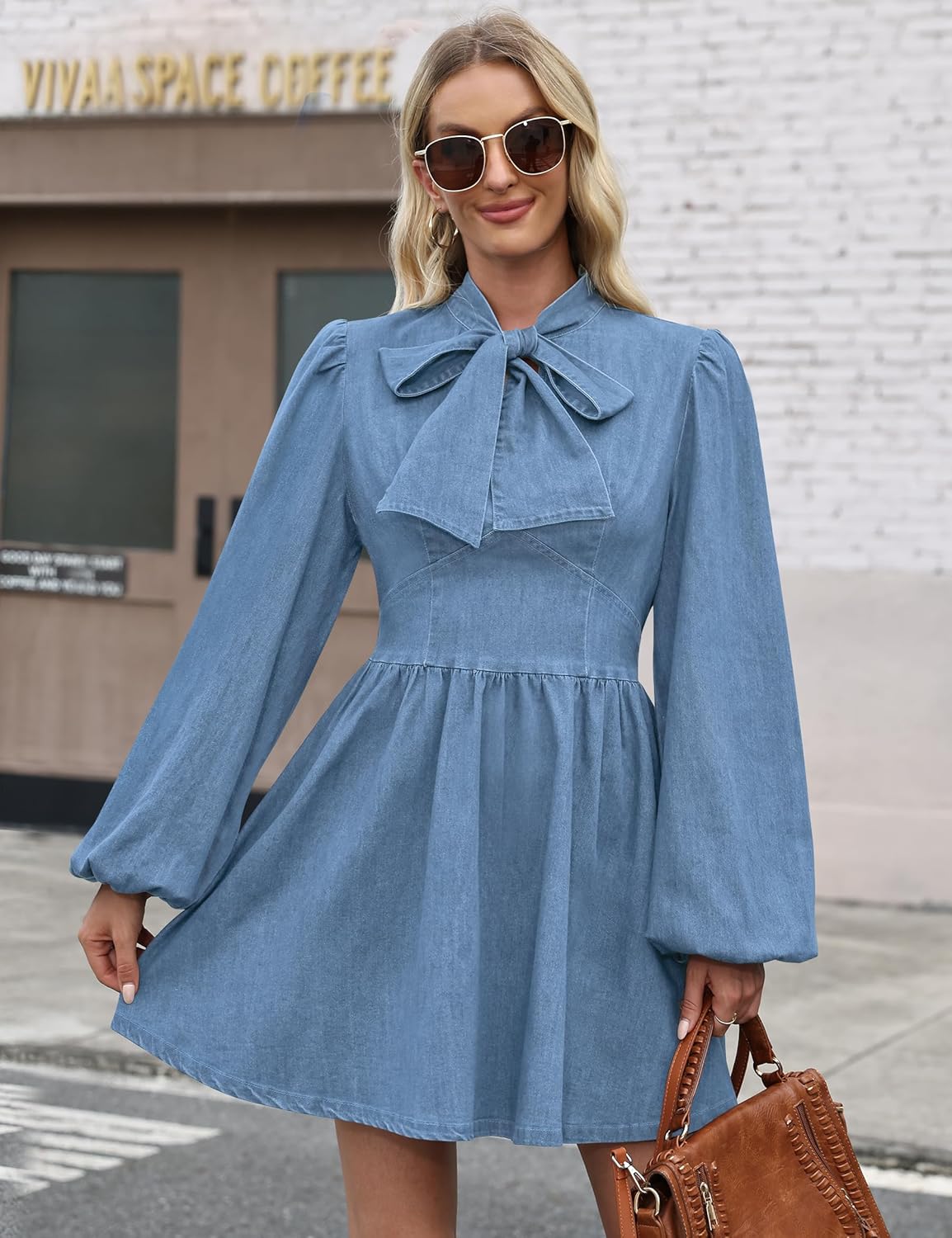 Denim Dress for Women, Puff Long Sleeve Jean Dresses Bow Tie Babydoll Denim Mini Dress - Image 4