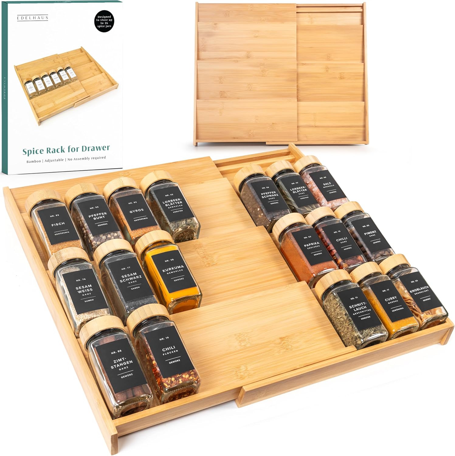 Bamboo Spice Drawer Organizer - Expandable 4 Tier Spice Rack (Need 3" Deep Drawer) 12" to 23" Wide, Seasoning Organizer, Organization Seasoning Rack insert for Kitchen Cabinet (Jars Not Included)
