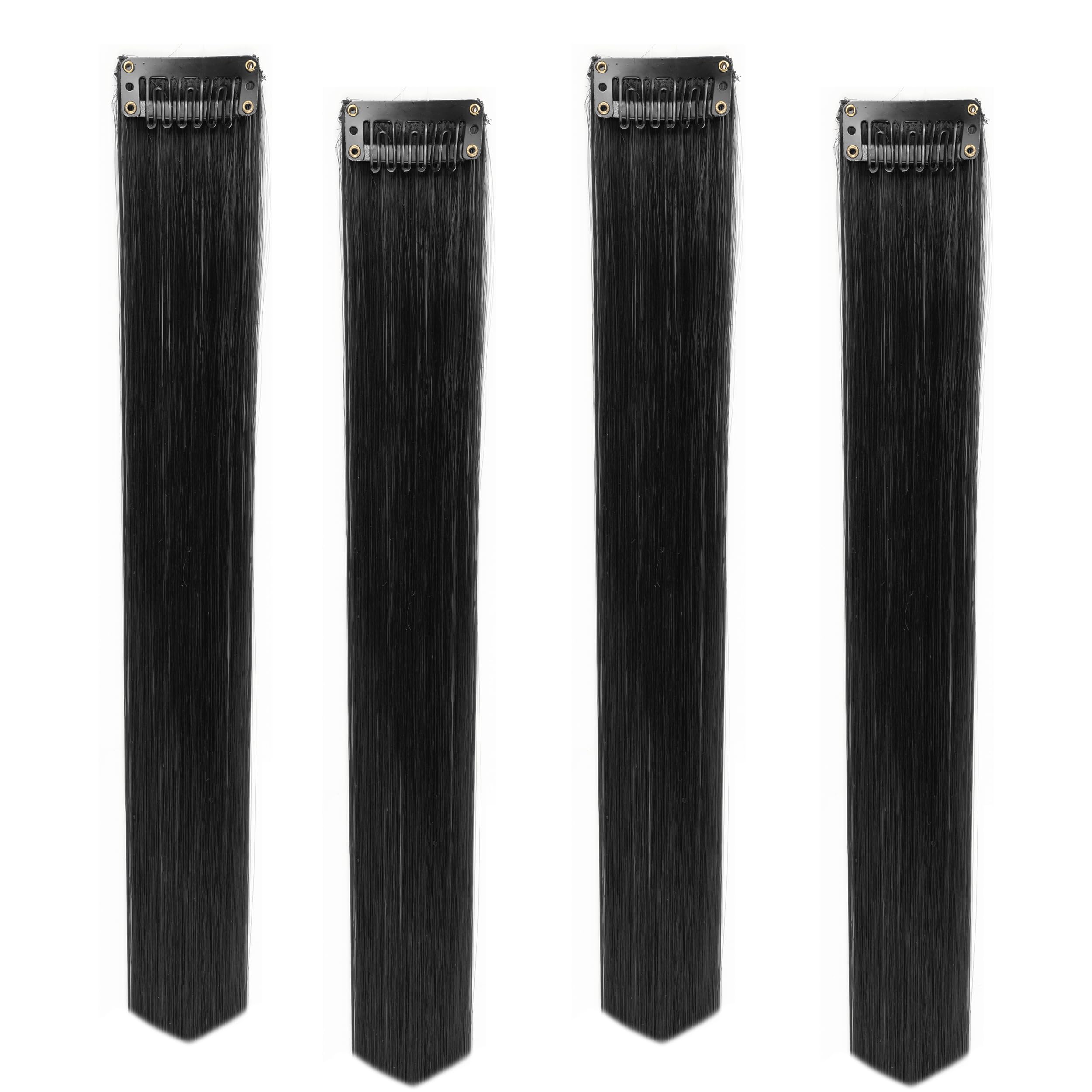 Paradise® Black Hair Extensions 22 inches, Pack of 4 Clip-based Straight Colored Hair Streaks for Women & Girls, Party Funky Synthetic Hair Patches-picture-12